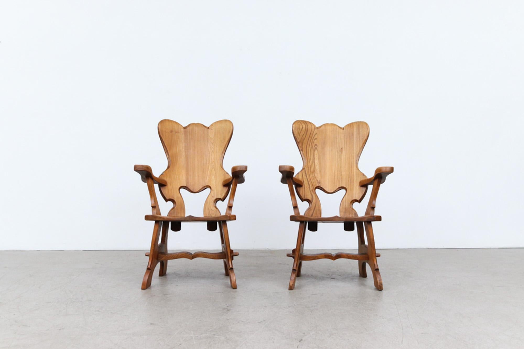 Beautifully carved pair of French Brutalist oak throne-like arm chairs. In original condition, wear is consistent with age and use. Other sets of Brutalist chairs available and listed separately (LU922424637792, LU922425034782 and LU922424855742).