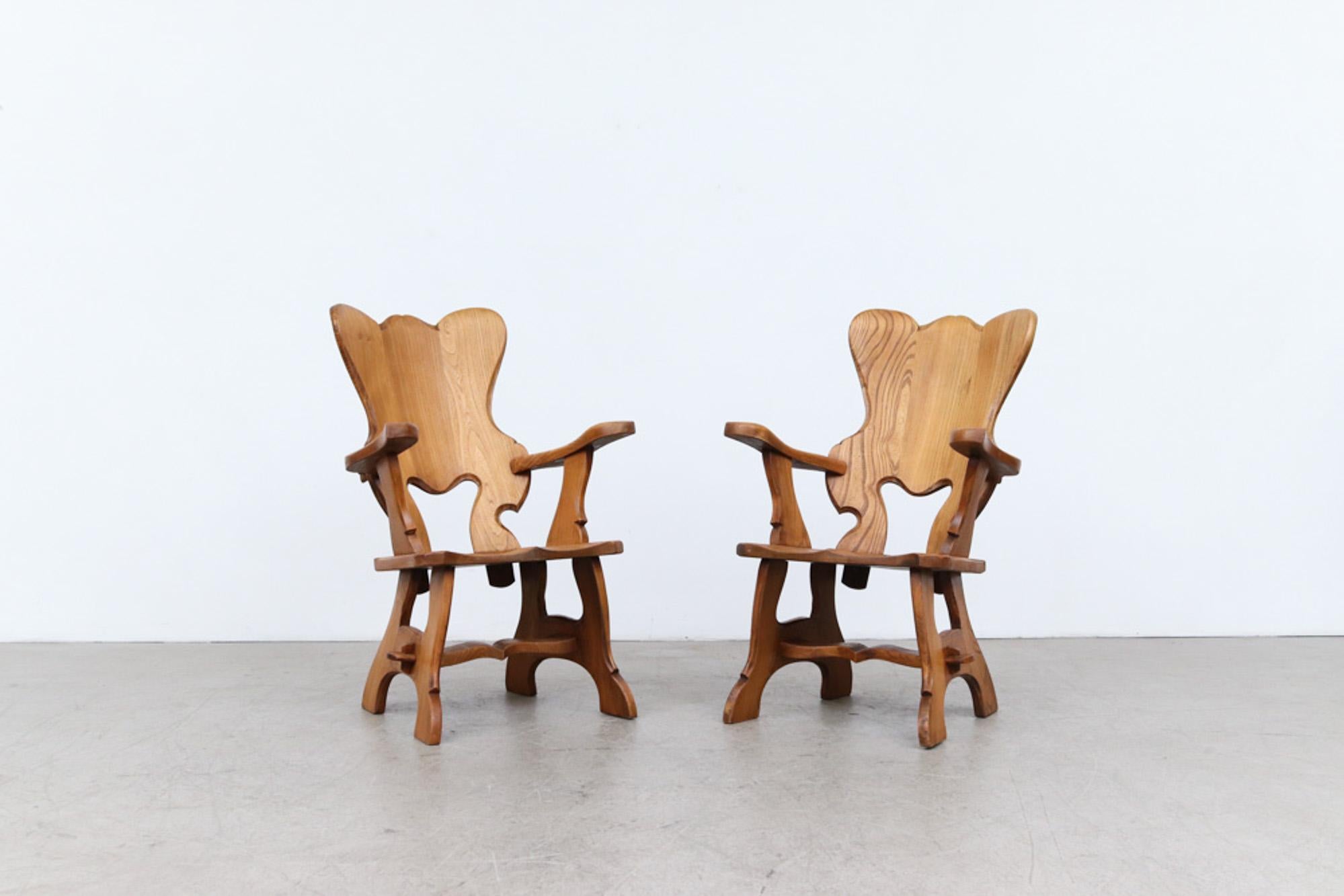 Story Book Pair of French Brutalist Carved Oak Throne-Like Chairs In Good Condition In Los Angeles, CA