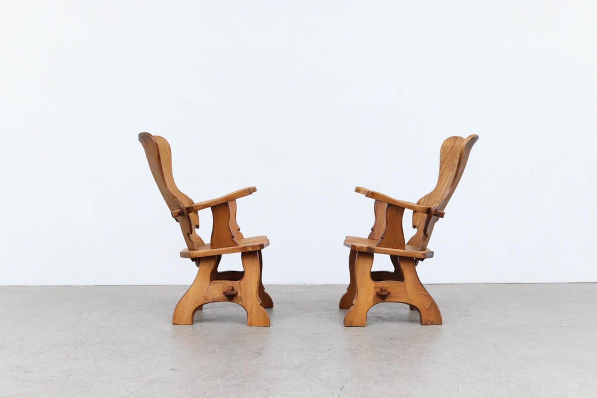 Mid-20th Century Story Book Pair of French Brutalist Carved Oak Throne-Like Chairs