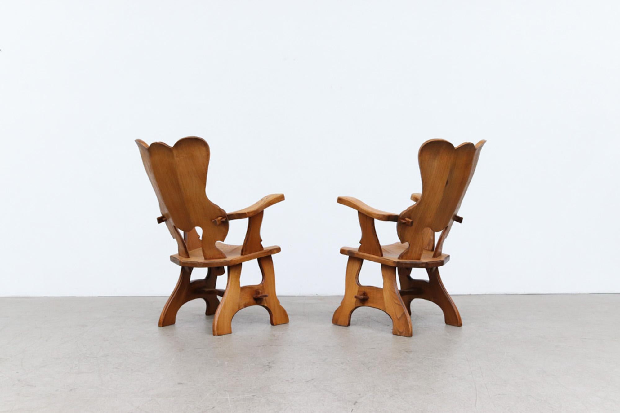 Story Book Pair of French Brutalist Carved Oak Throne-Like Chairs 1