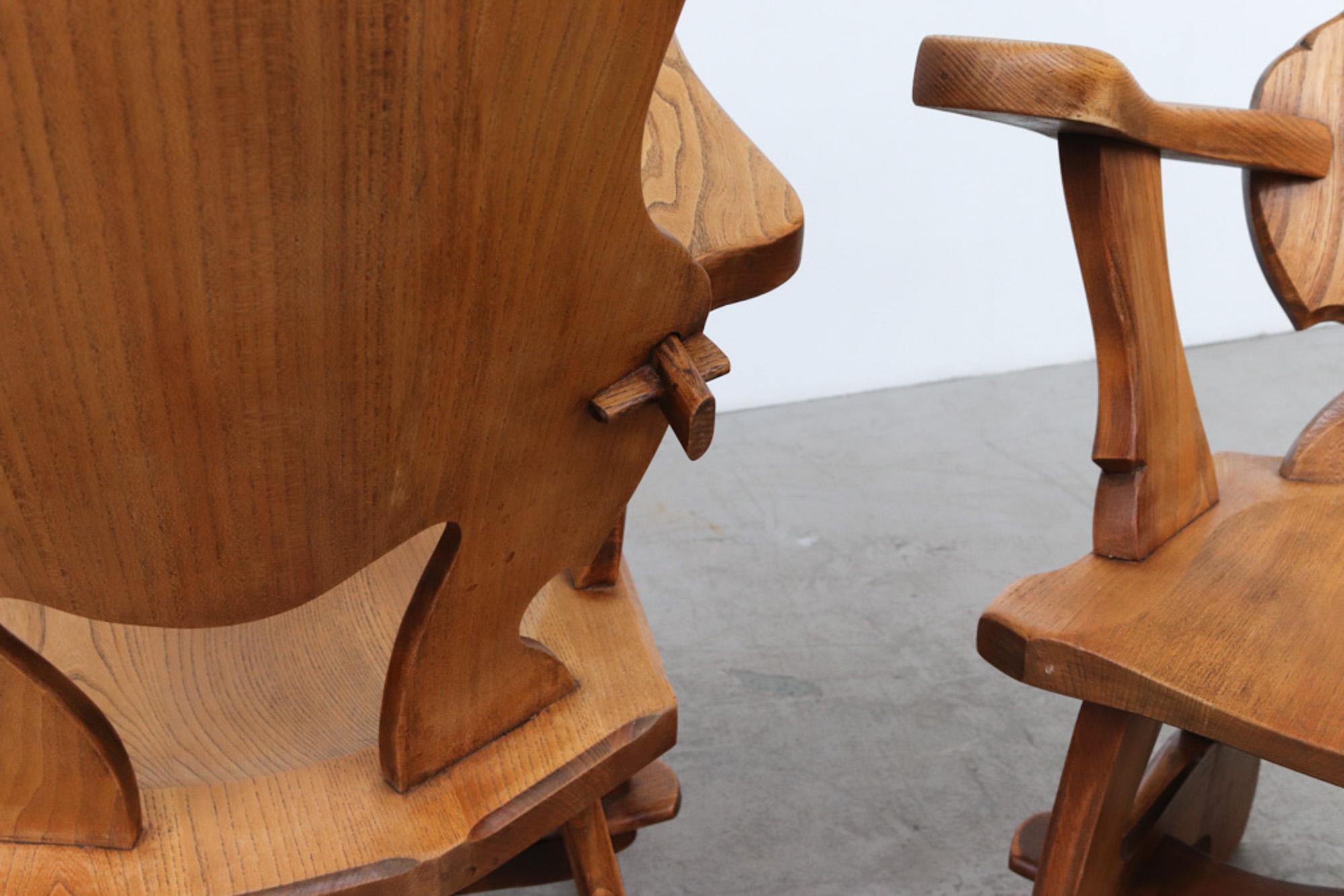 Story Book Pair of French Brutalist Carved Oak Throne-Like Chairs 4