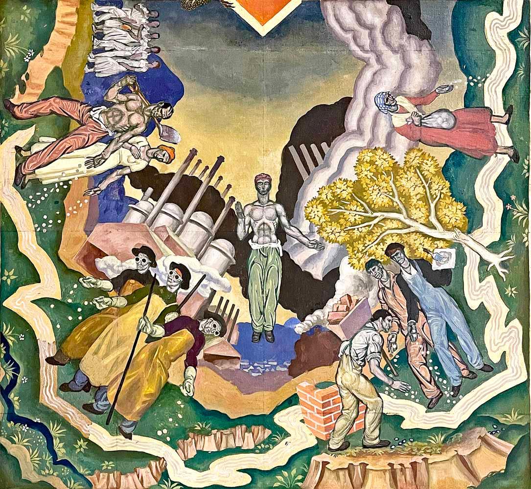 A large and remarkable masterpiece from the heyday of Art Deco mural painting, this colorful and detailed study was made by Eugene Savage in preparation for an enormous ceiling mural he executed for the Commonwealth of Pennsylvania's Finance