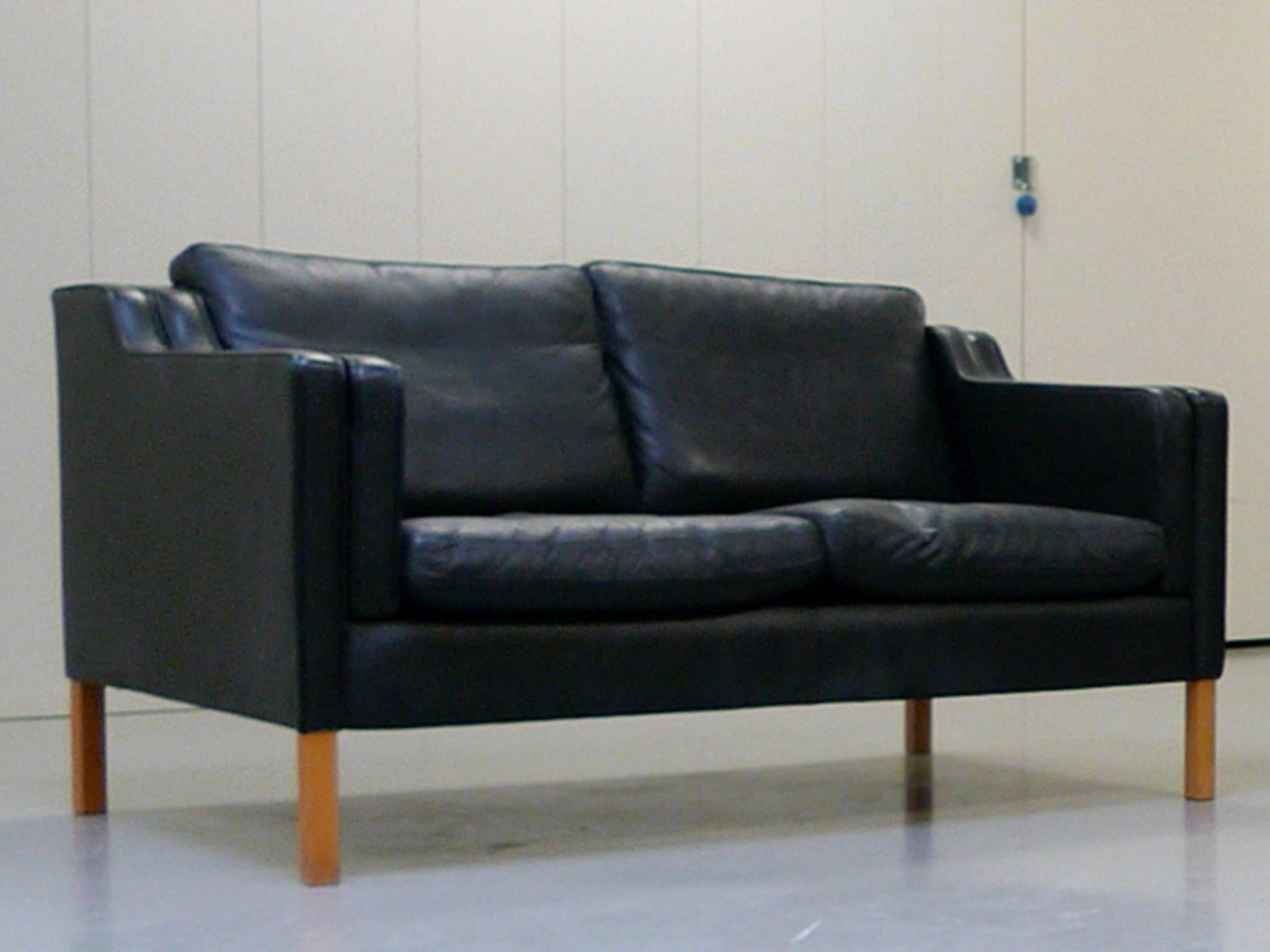 Scandinavian Modern Stouby Black Leather Settee in the Style of Børge Mogensen