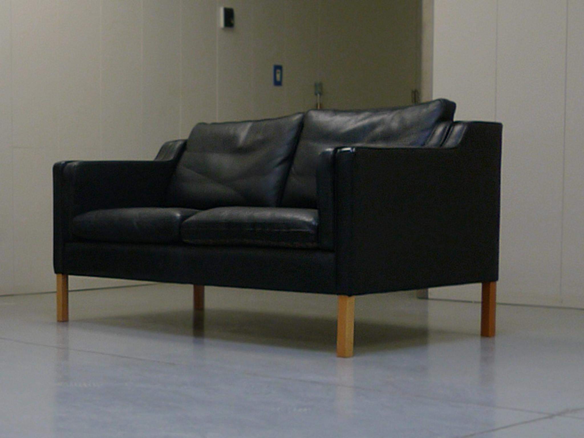 Danish Stouby Black Leather Settee in the Style of Børge Mogensen