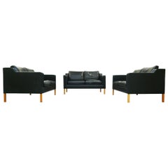 Stouby Black Leather Settees in the Style of Børge Mogensen, Set of Three