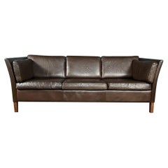 Stouby Georg Thams Brown Leather Danish Three Seater Sofa Børge Mogensen Retro