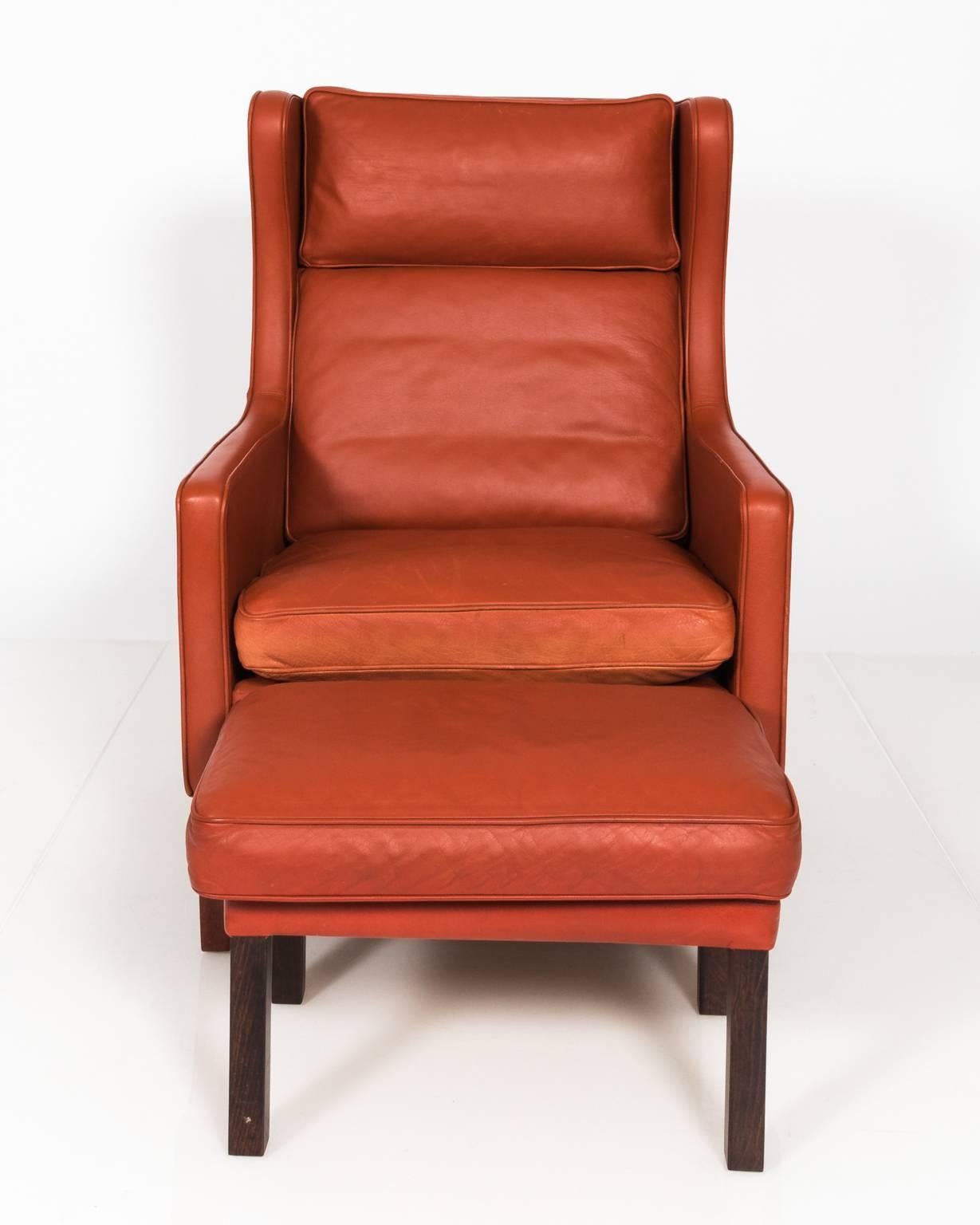 Mid-Century Modern Stouby Leather Wing Chair and Ottoman, Denmark, circa 1970s