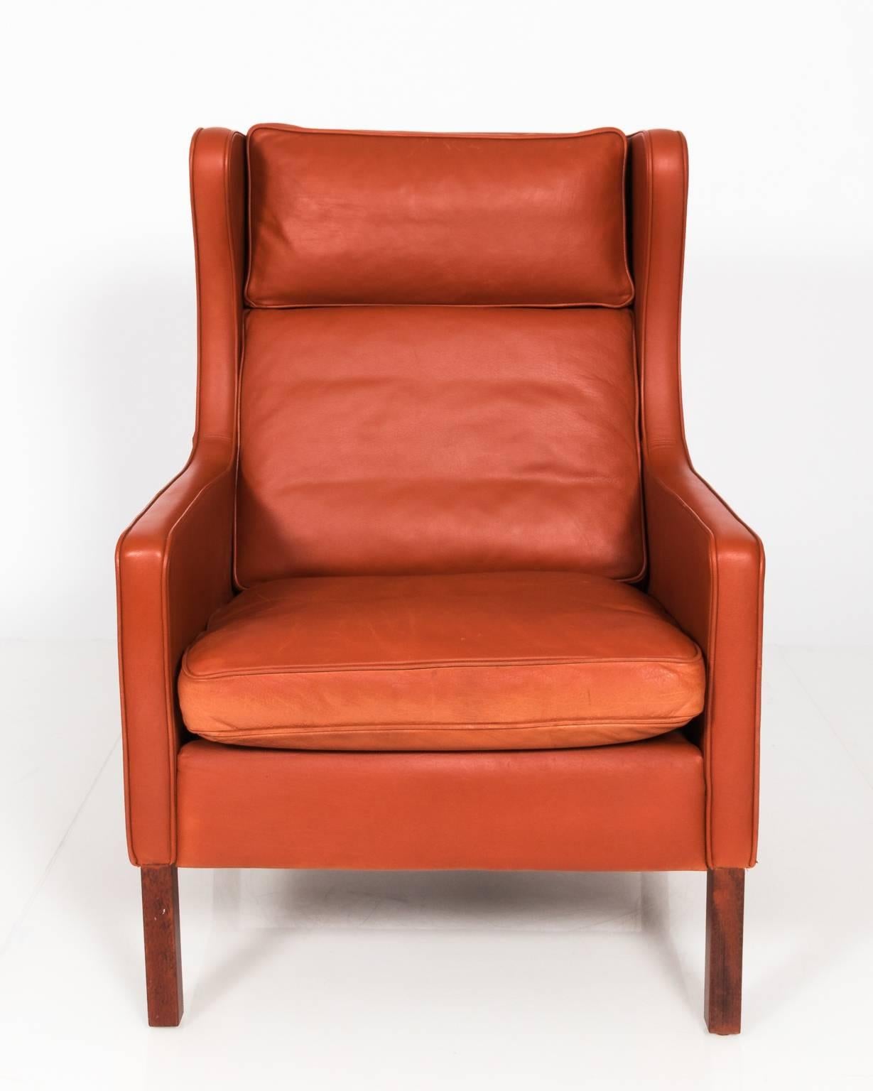 Late 20th Century Stouby Leather Wing Chair and Ottoman, Denmark, circa 1970s