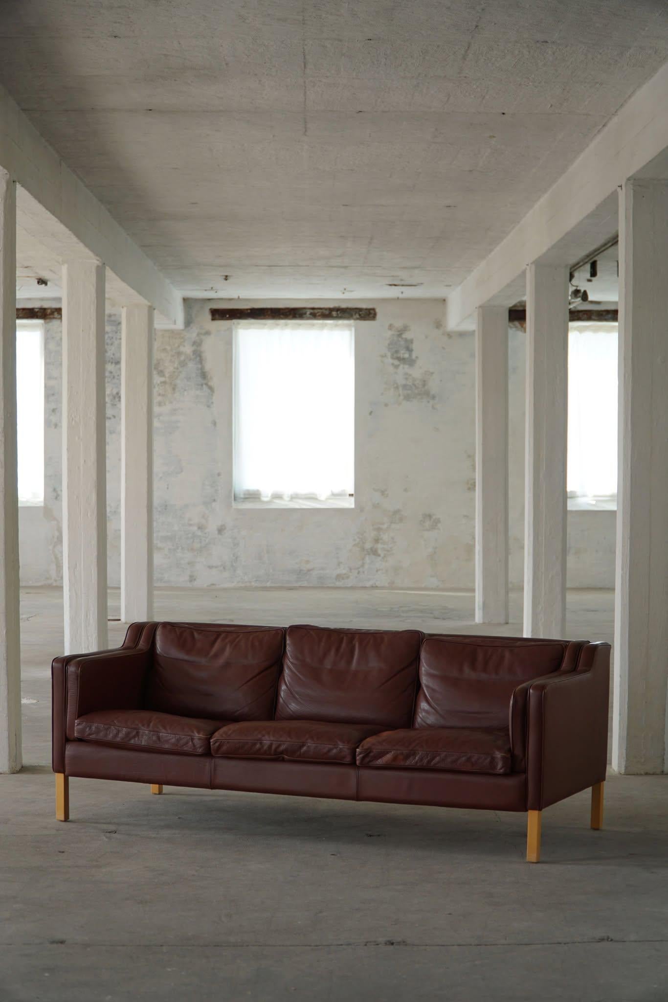 Danish Stouby Møbelfabrik, Mid Century 3-Seater Sofa in Brown Leather, Made in 1970s For Sale