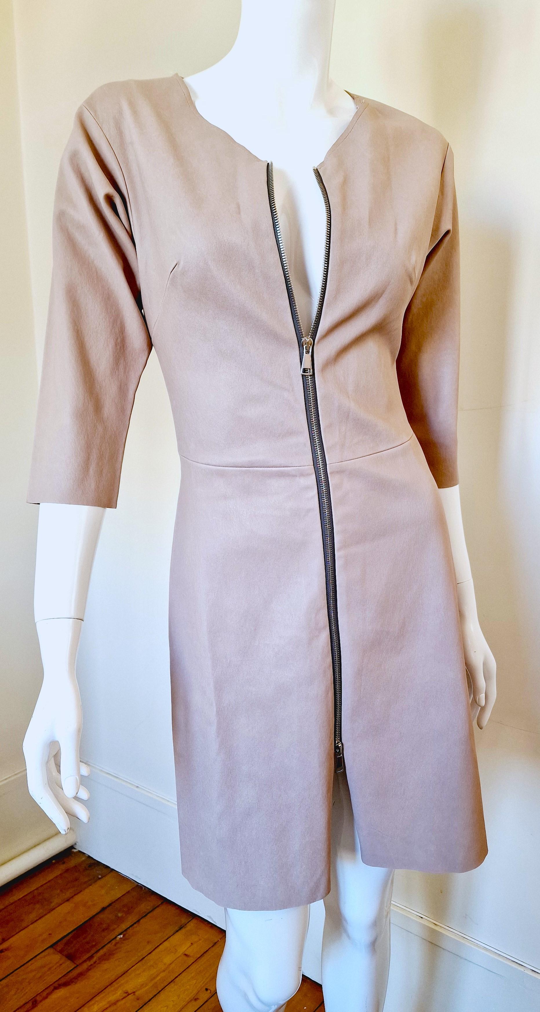 Stouls 100% Lamb Leather Beige Gray Zipper Small Paris Luxury Brand Dress In Excellent Condition For Sale In PARIS, FR
