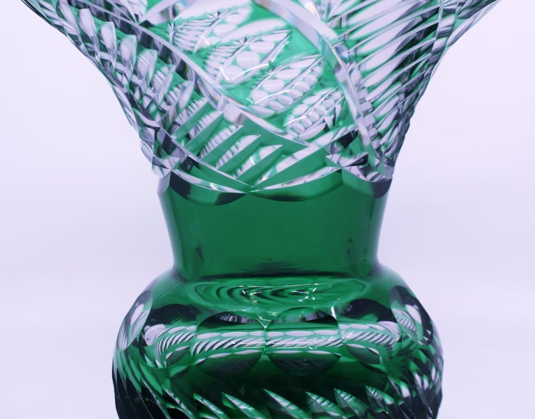 English Stourbridge Glass Green Overlay Crystal Splayed Baluster Vase For Sale