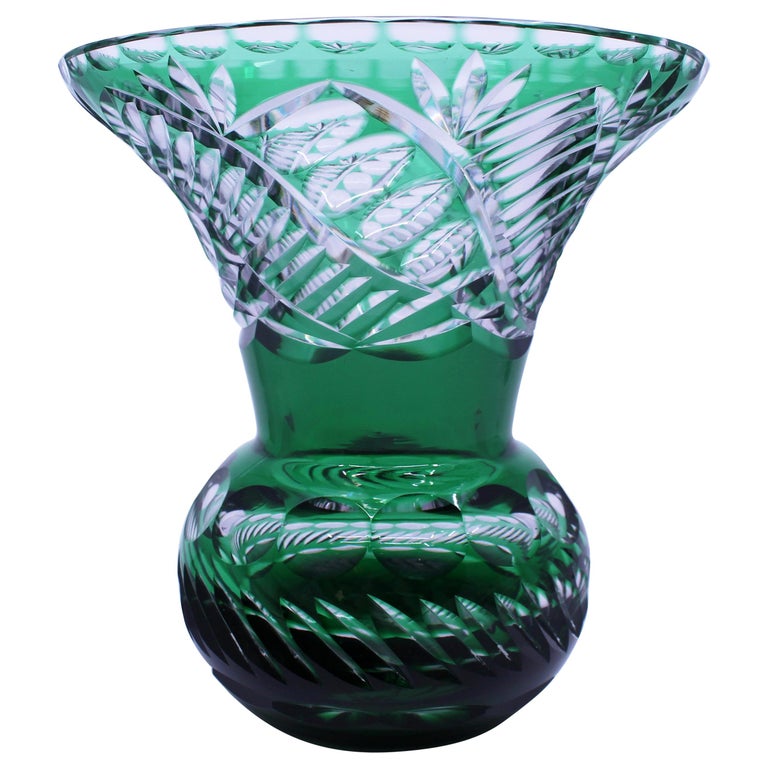 Stourbridge Glass Green Overlay Crystal Splayed Baluster Vase For Sale