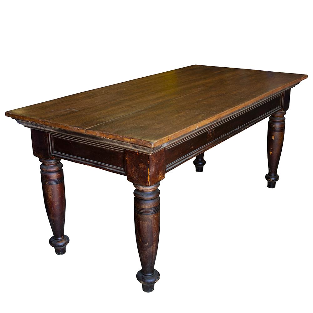 This beautiful farm table is an American icon. Heavy turned legs make sturdy stands with a recessed panel along the apron. Gracious in any setting, the weathering is just perfect, Early 20th century, northeast US origin.