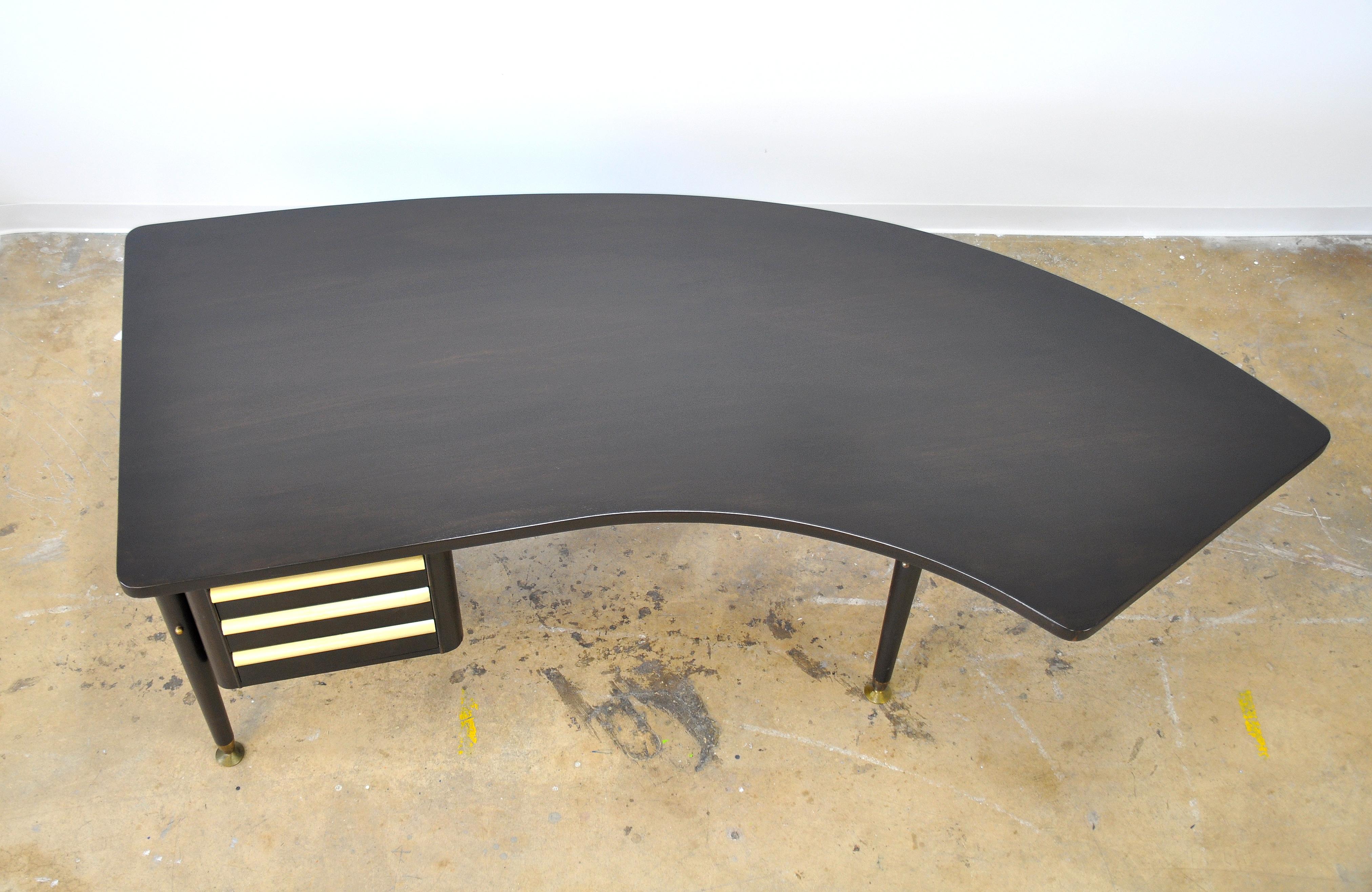 Mid-Century Modern Stow and Davis Ebonized Walnut and Brass Boomerang Desk