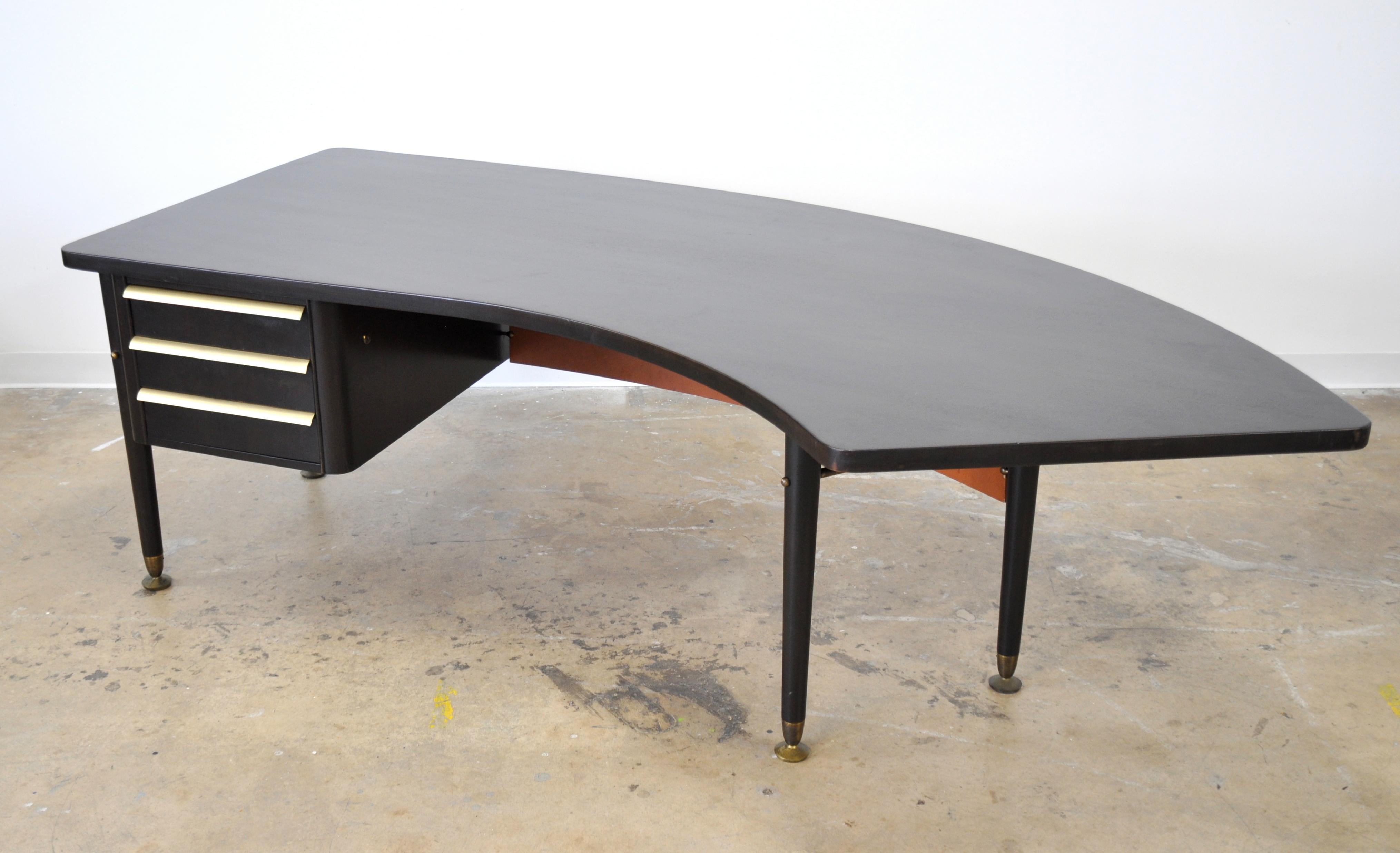 American Stow and Davis Ebonized Walnut and Brass Boomerang Desk