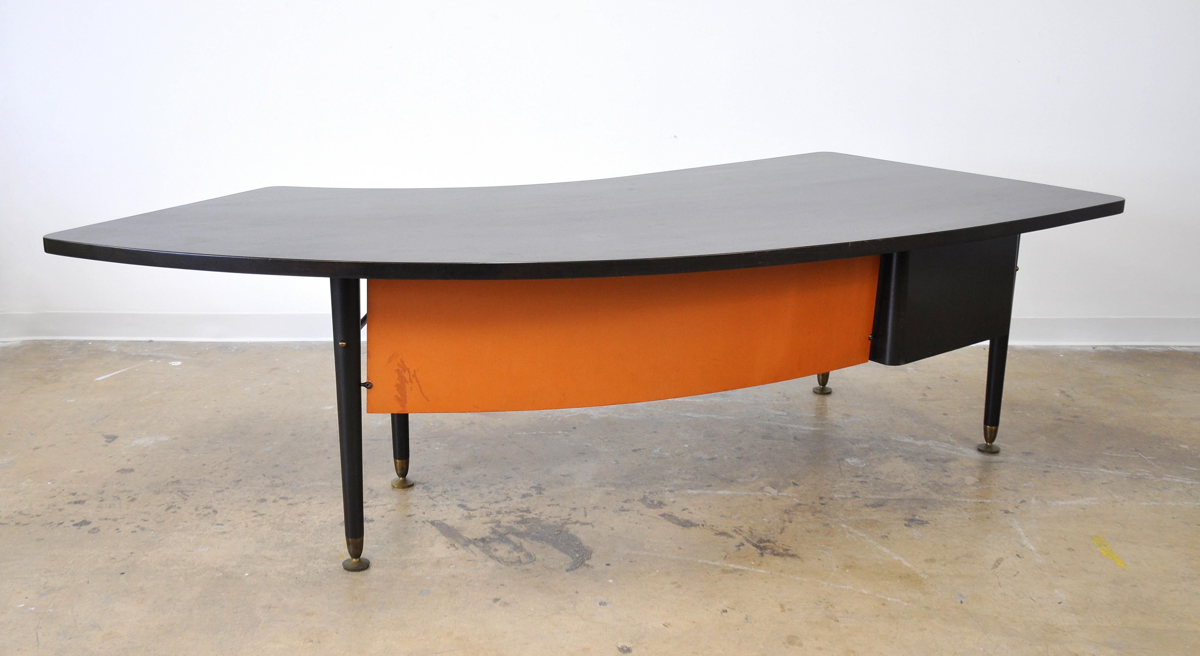 20th Century Stow and Davis Ebonized Walnut and Brass Boomerang Desk