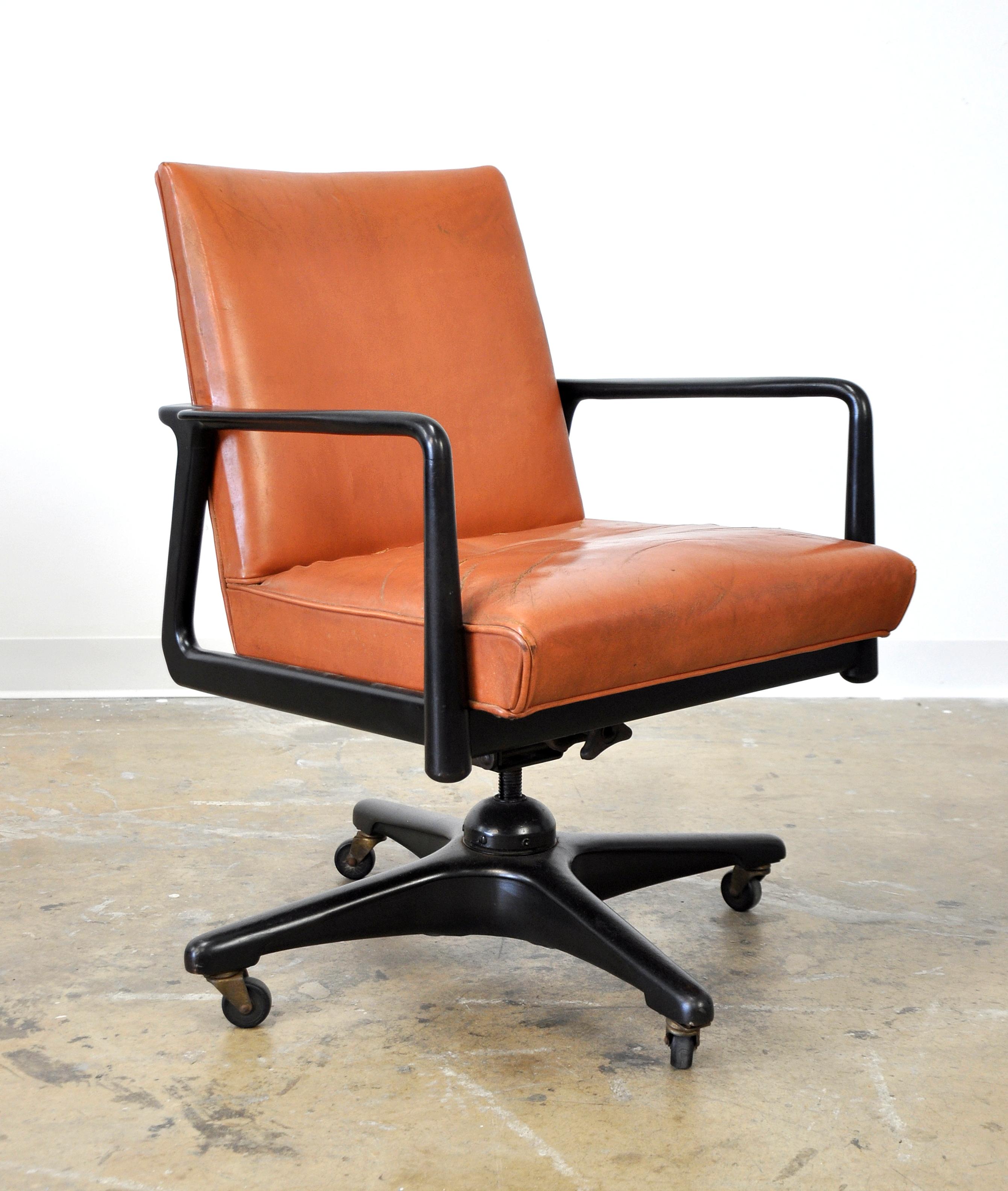 Metal Stow and Davis Ebonized Walnut and Leather Desk Chair
