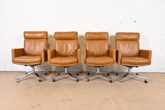 Stow Davis Mid-Century Modern Leather Executive Swivel Desk Chairs, Set of Four