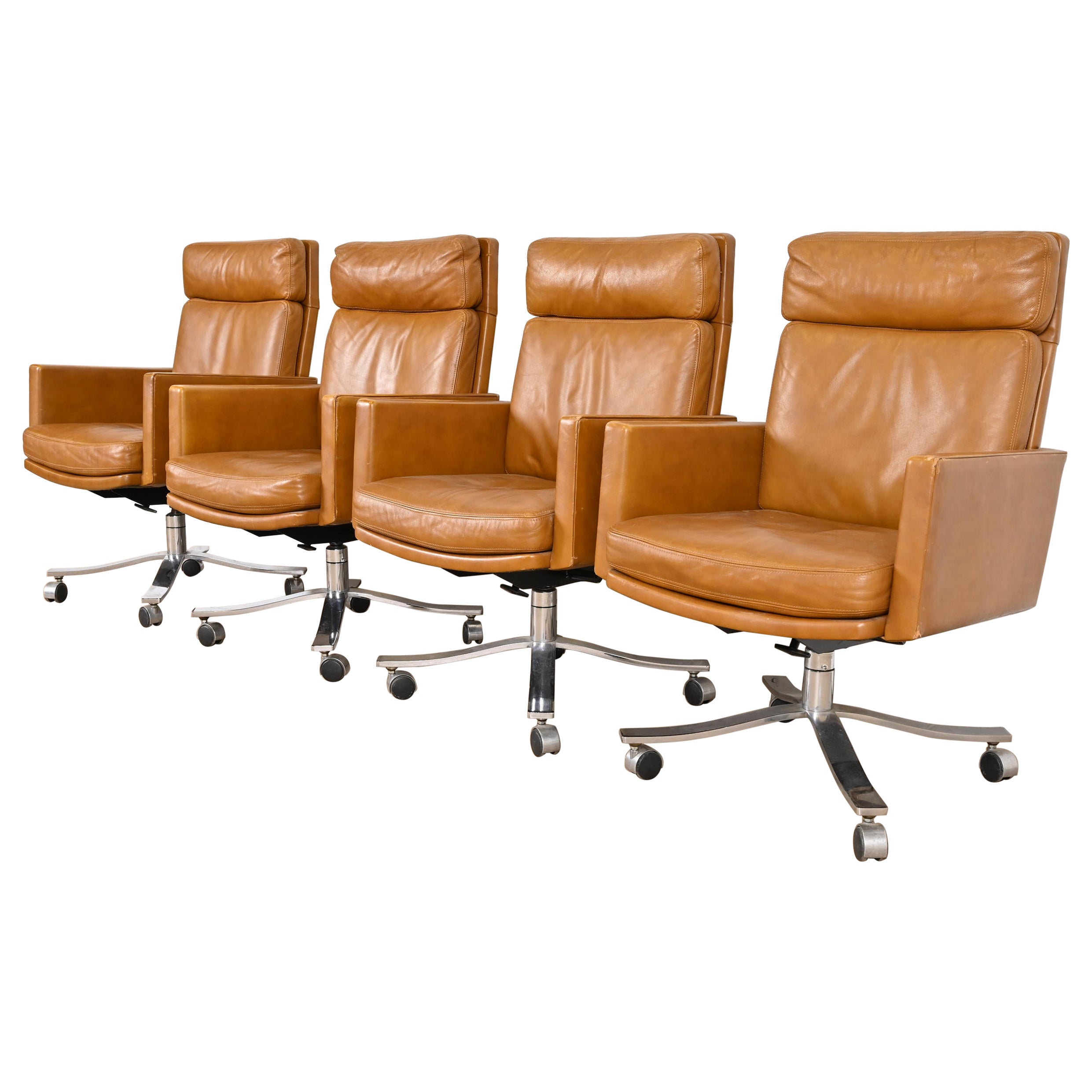 Stow Davis Mid-Century Modern Leather Executive Swivel Desk Chairs, Set of Four