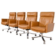 Stow Davis Mid-Century Modern Leather Executive Swivel Desk Chairs, Set of Four