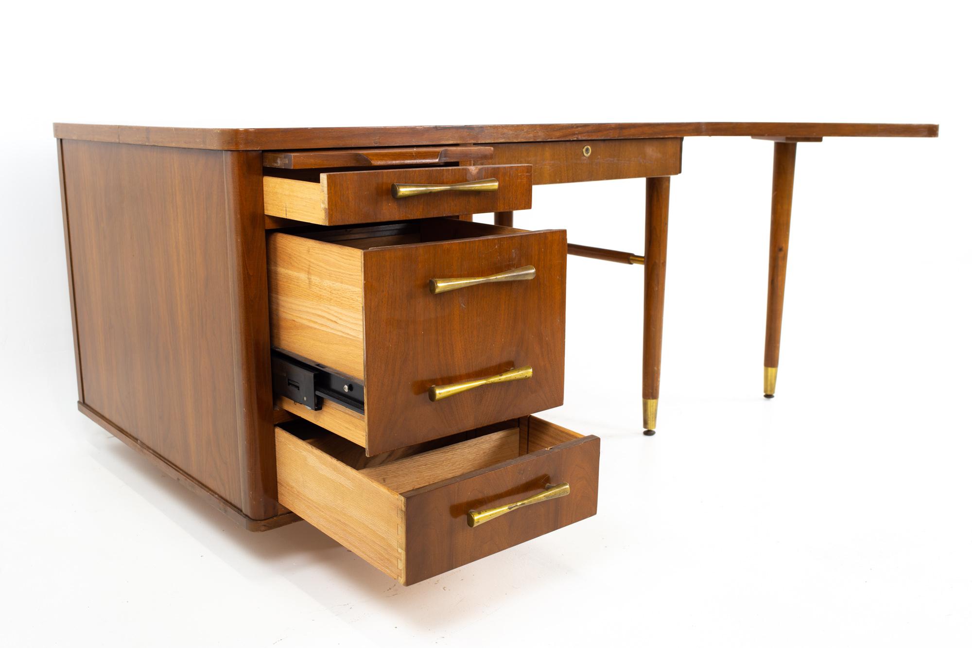 Late 20th Century Stow Davis Mid Century Walnut and Brass Boomerang Desk