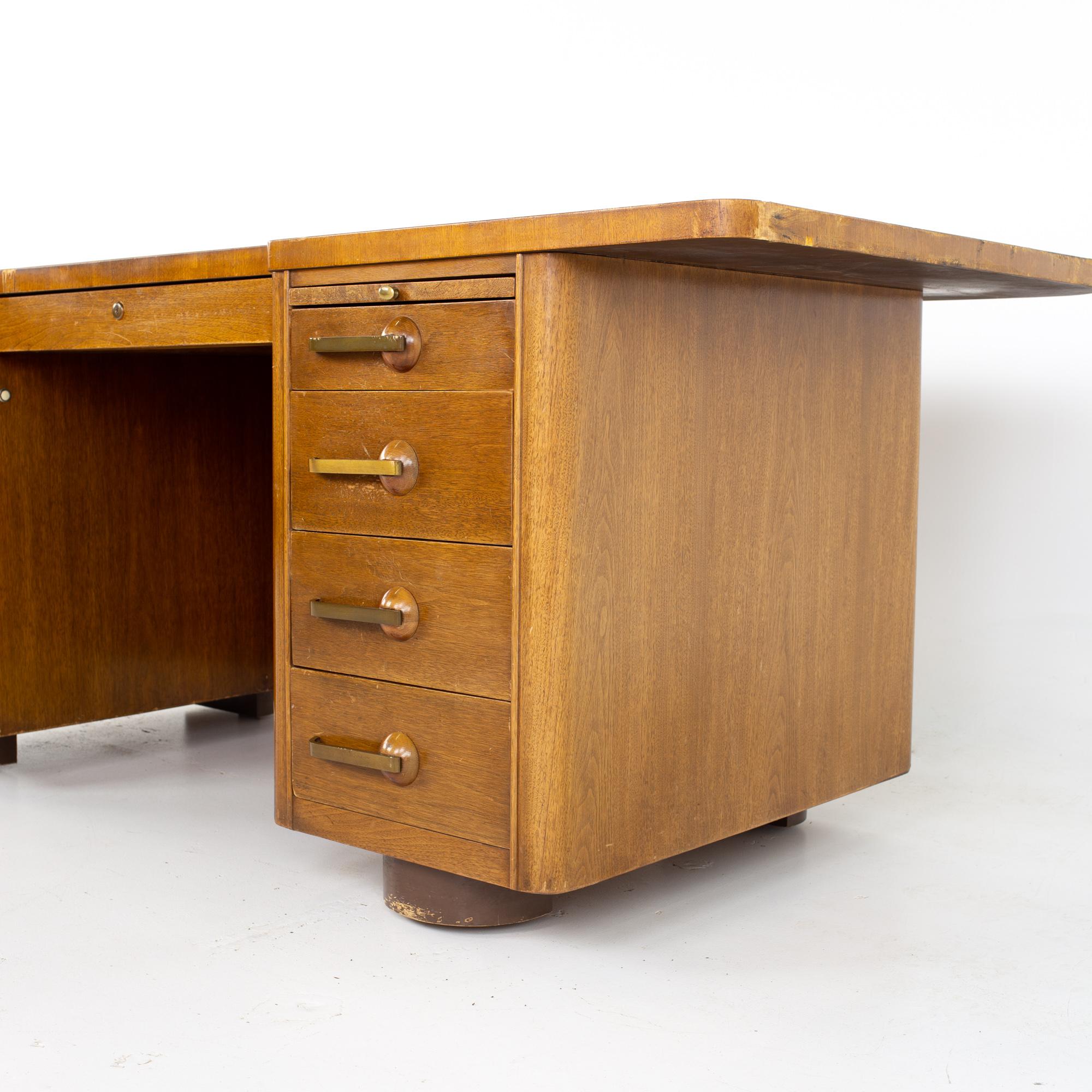 American Stow Davis Mid Century Walnut and Brass Executive Desk