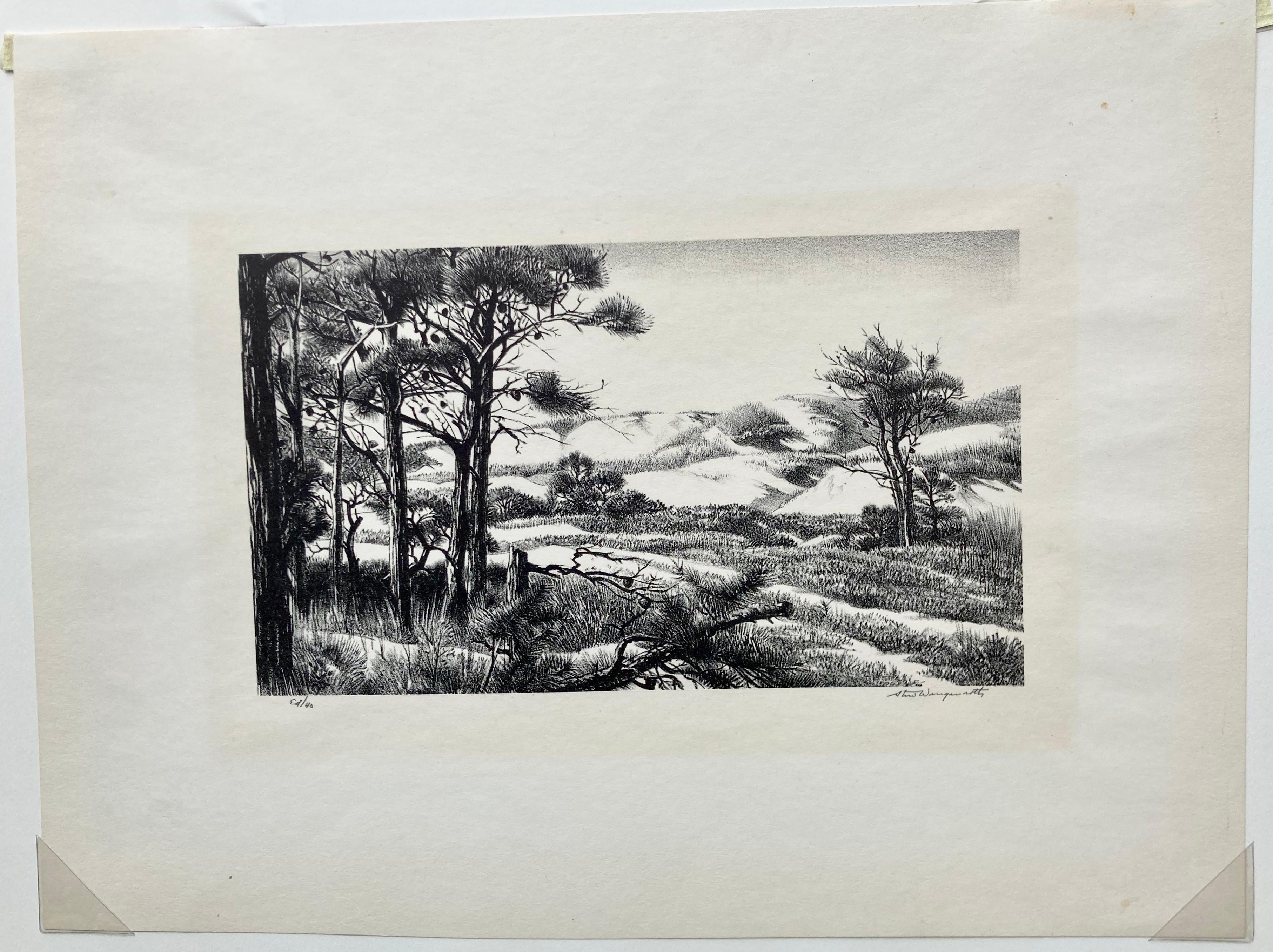STOW WENGENROTH (1906 - 1978)

DUNE ROAD OGUNQUIT, MAINE 1949 (Stuckey 186)
Litografia firmata e numerata a matita, edizione 40. Immagine 5 7/8 x 10 1/8 pollici, foglio 12 x 16.
Foglio di grandi dimensioni, in ottime condizioni, con un leggero