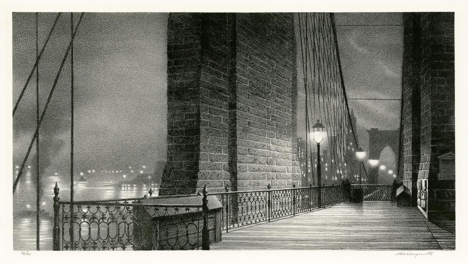 Stow Wengenroth Figurative Print - Manhattan Gateway (Brooklyn Bridge, Night)