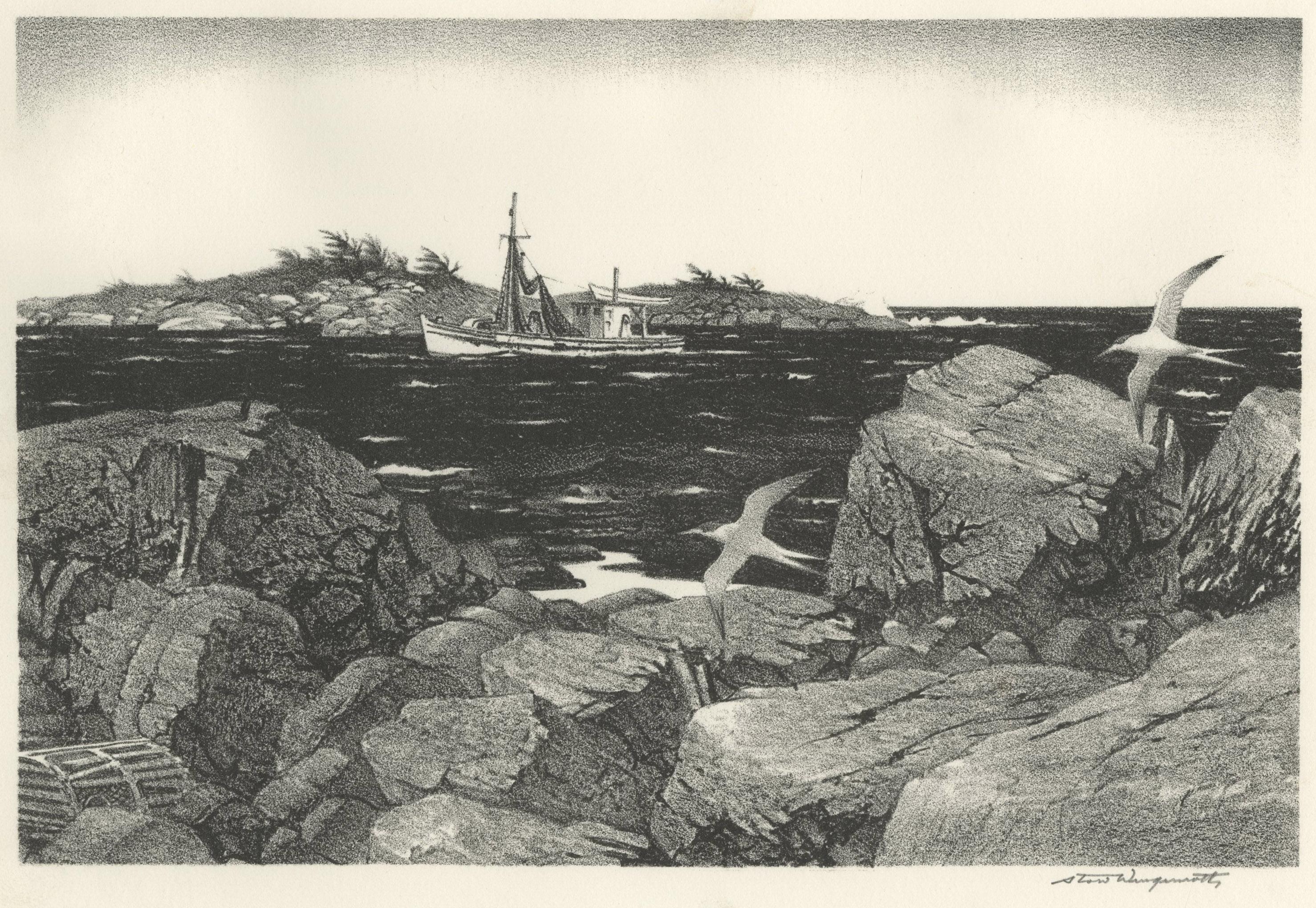 Landscape Print de Stow Wengenroth - Costa de Nueva Inglaterra (Greenport, Nueva York)