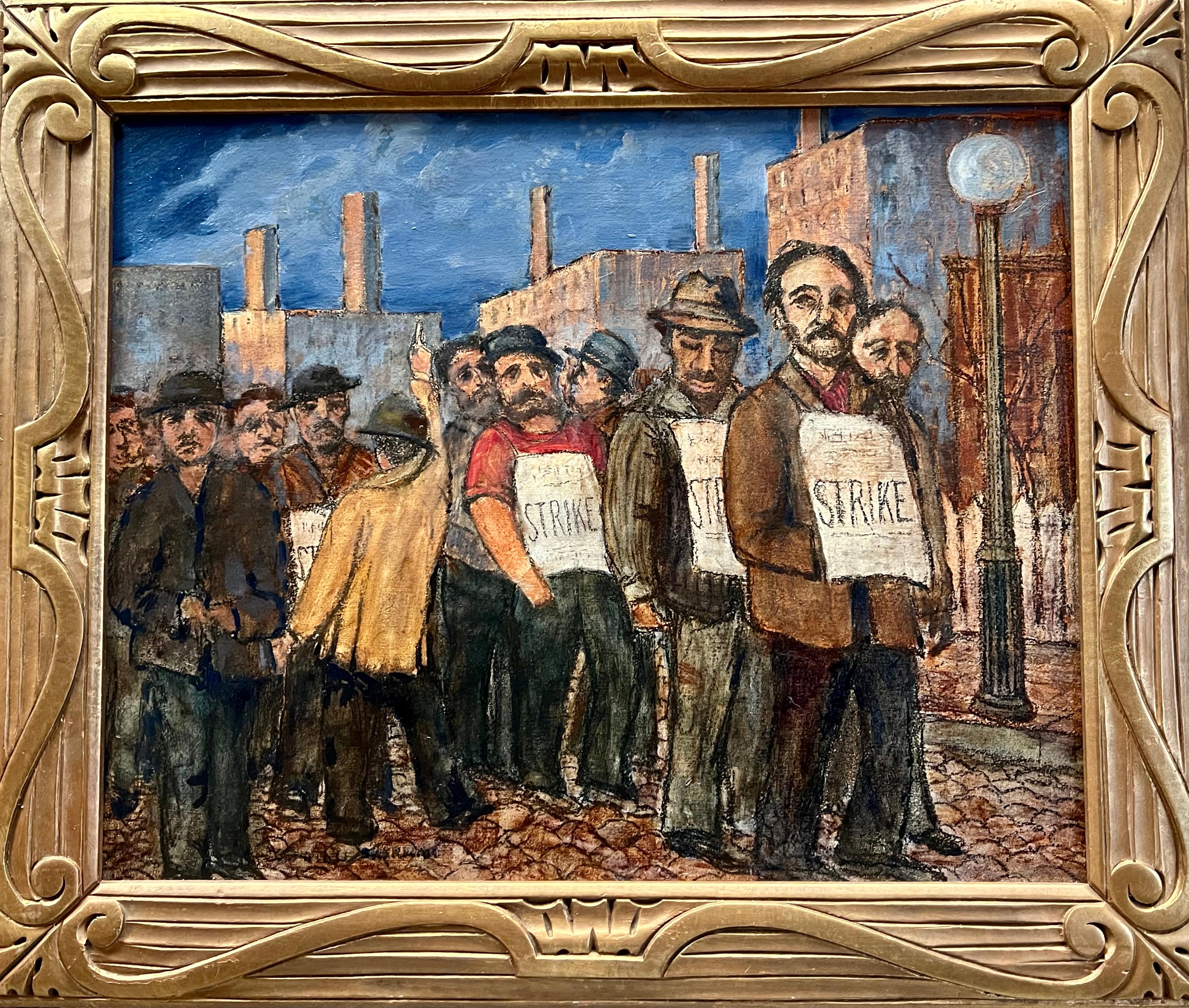 WPA-Szene Amerikanische Modernität 20. Jahrhundert Arbeiterstreik Realismus Industrie  – Painting von Stowell Sherman