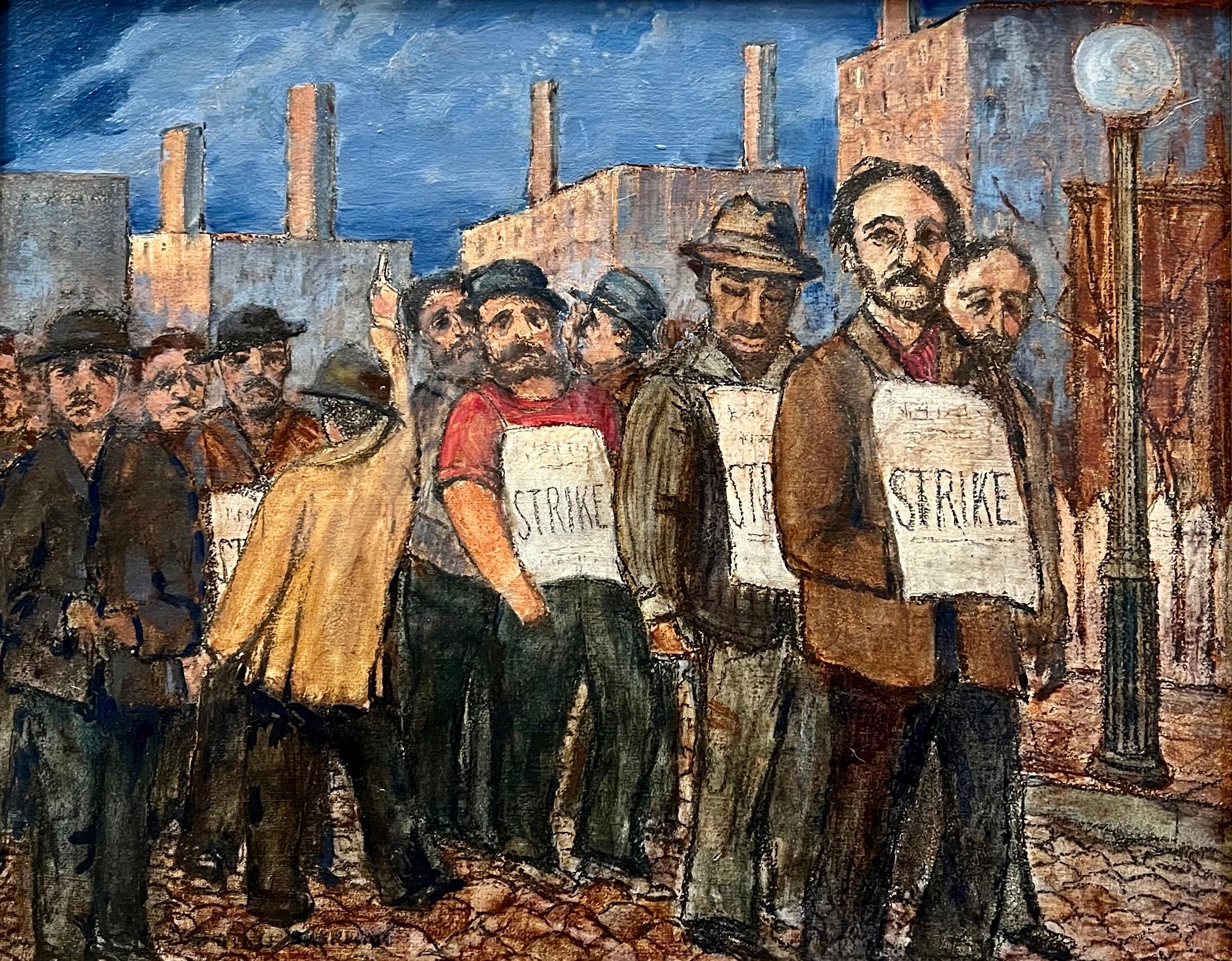 Stowell Sherman Figurative Painting - WPA Scene American Modernism 20th Century Workers Strike Realism Industrial 