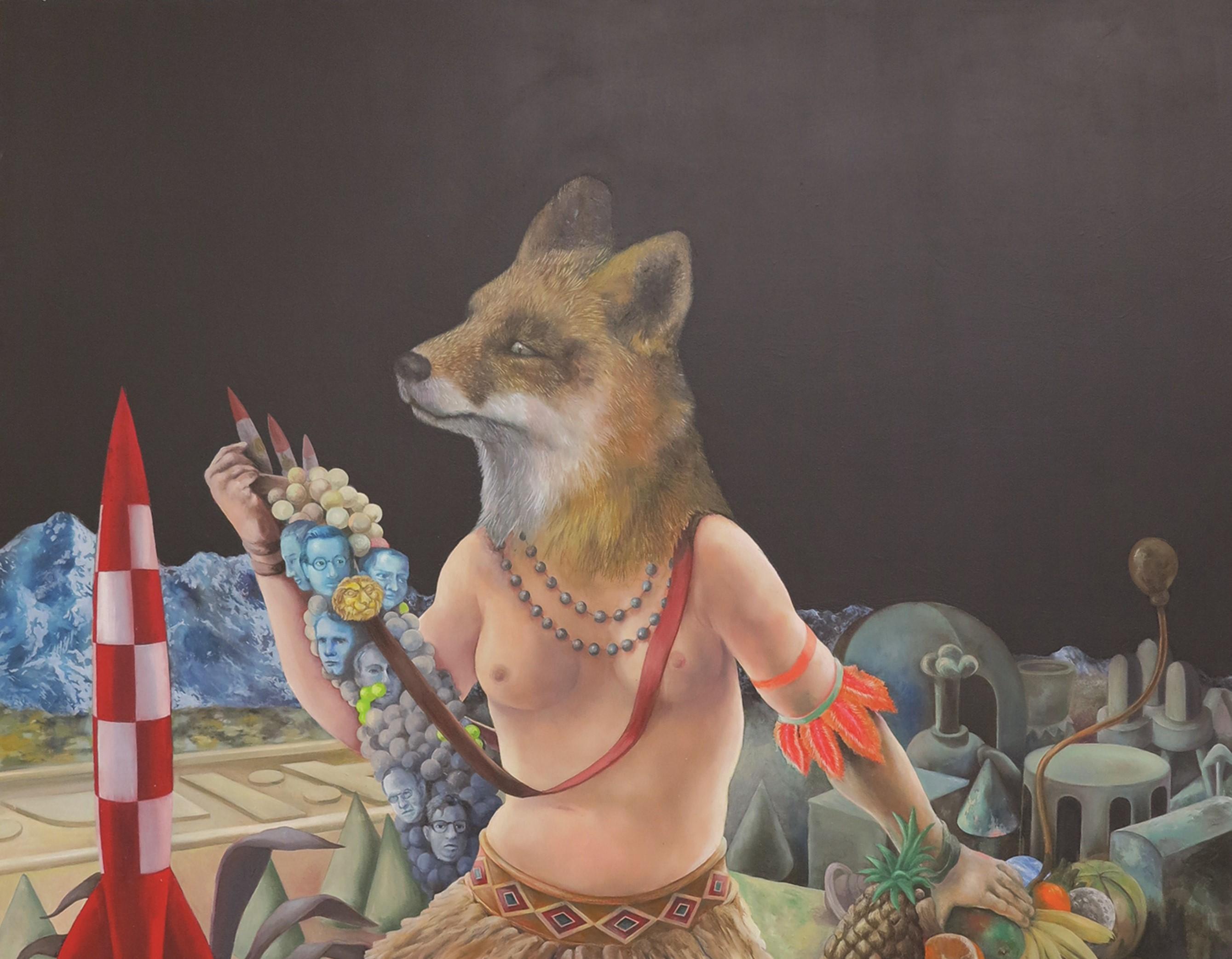 Mondparodie Stéphane Fauchille Zeitgenössische Kunst Porträt Malerei Tier Mond im Angebot 1