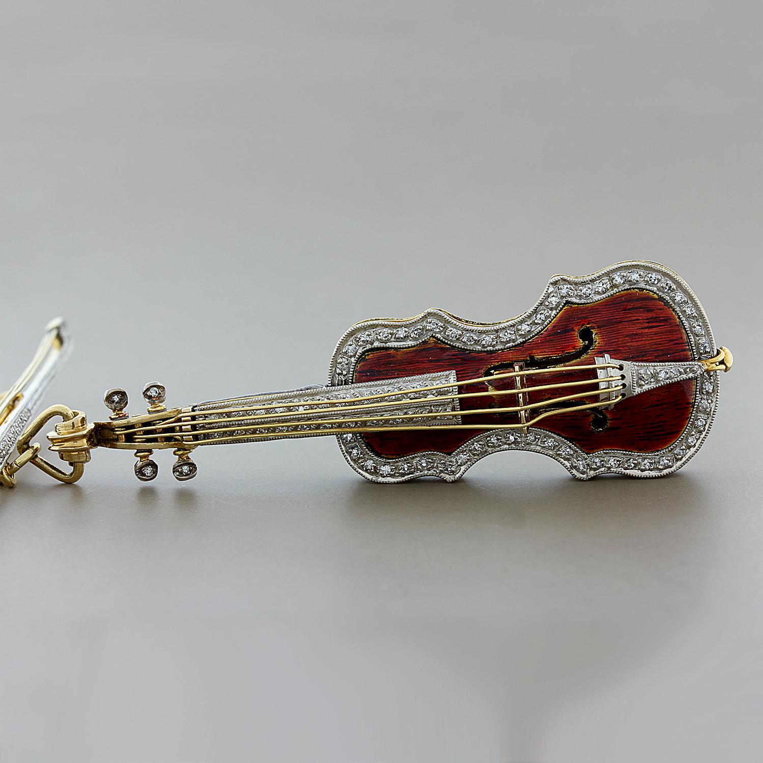 An ode to Stradivarius, known for their string instruments. This marvelously handcrafted violin brooch does not spare any detail. It features 0.35 carats of single-cut diamonds enhanced by meticulous enamel work applied on 18K yellow gold. 

Brooch