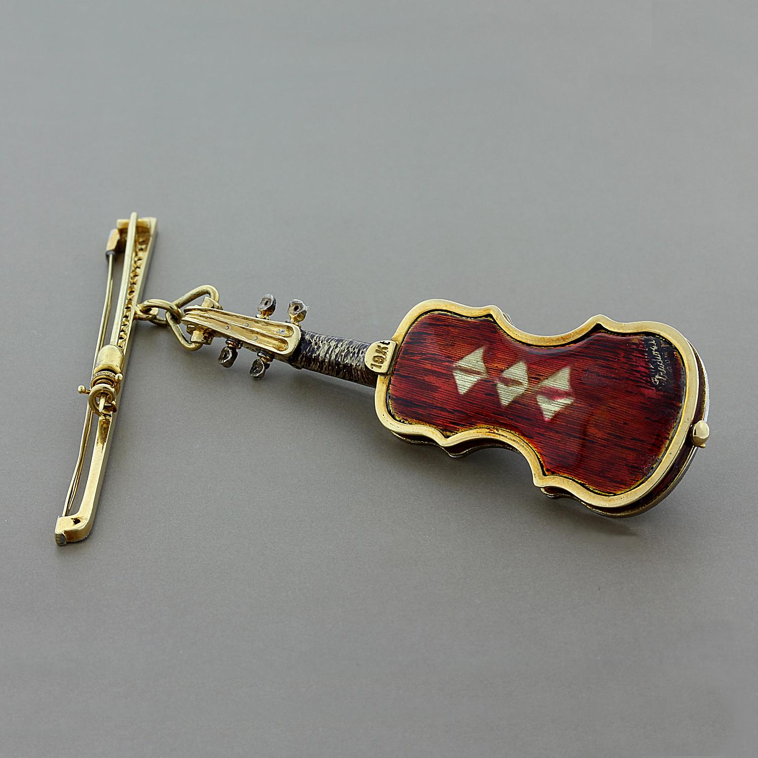 Stradivarius Diamond Enamel Gold Violin Brooch In Excellent Condition In Beverly Hills, CA
