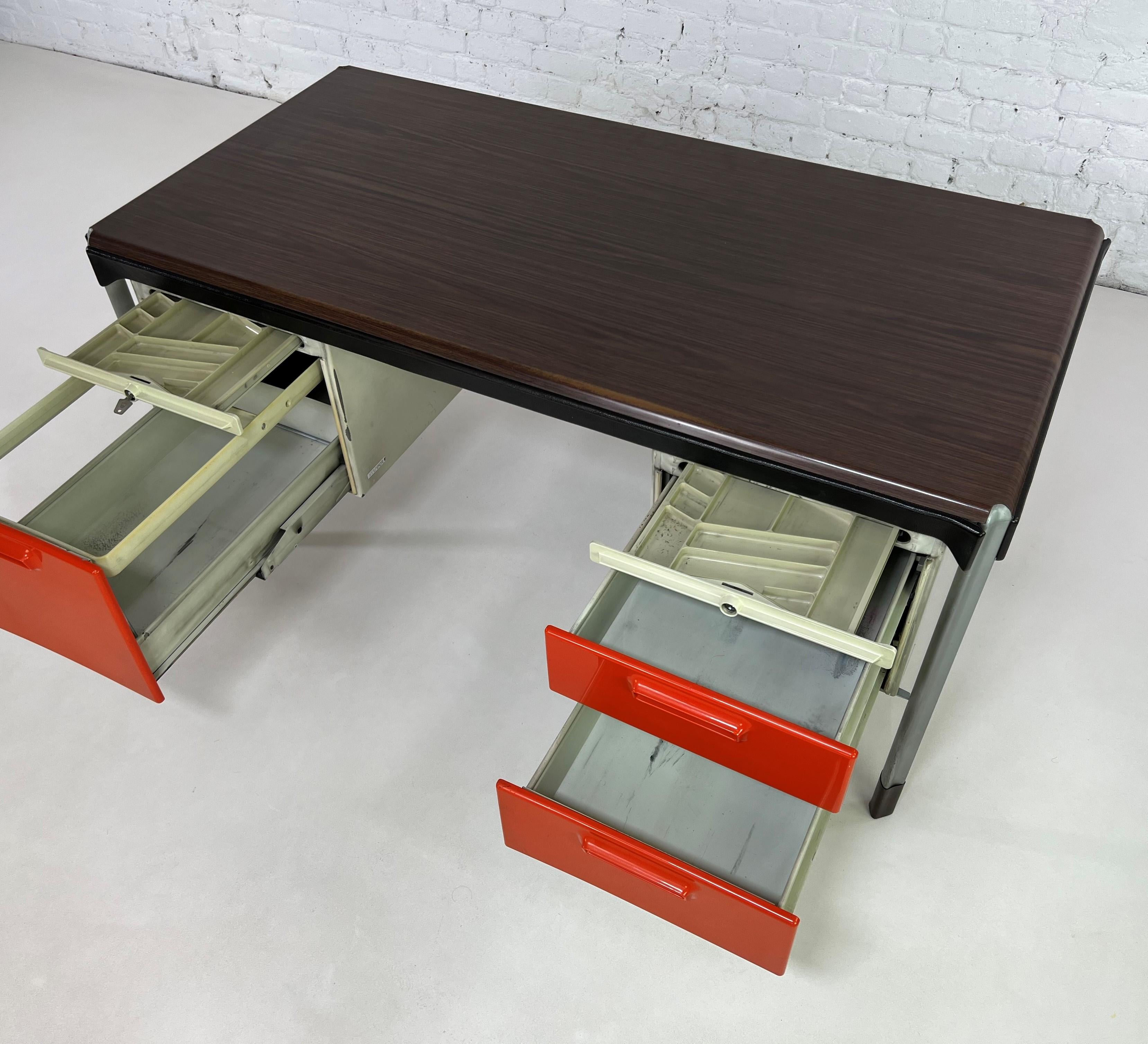 20th Century Strafor and Marc Held 1960s-1970s French Wooden and Metal Rare Executive Desk For Sale