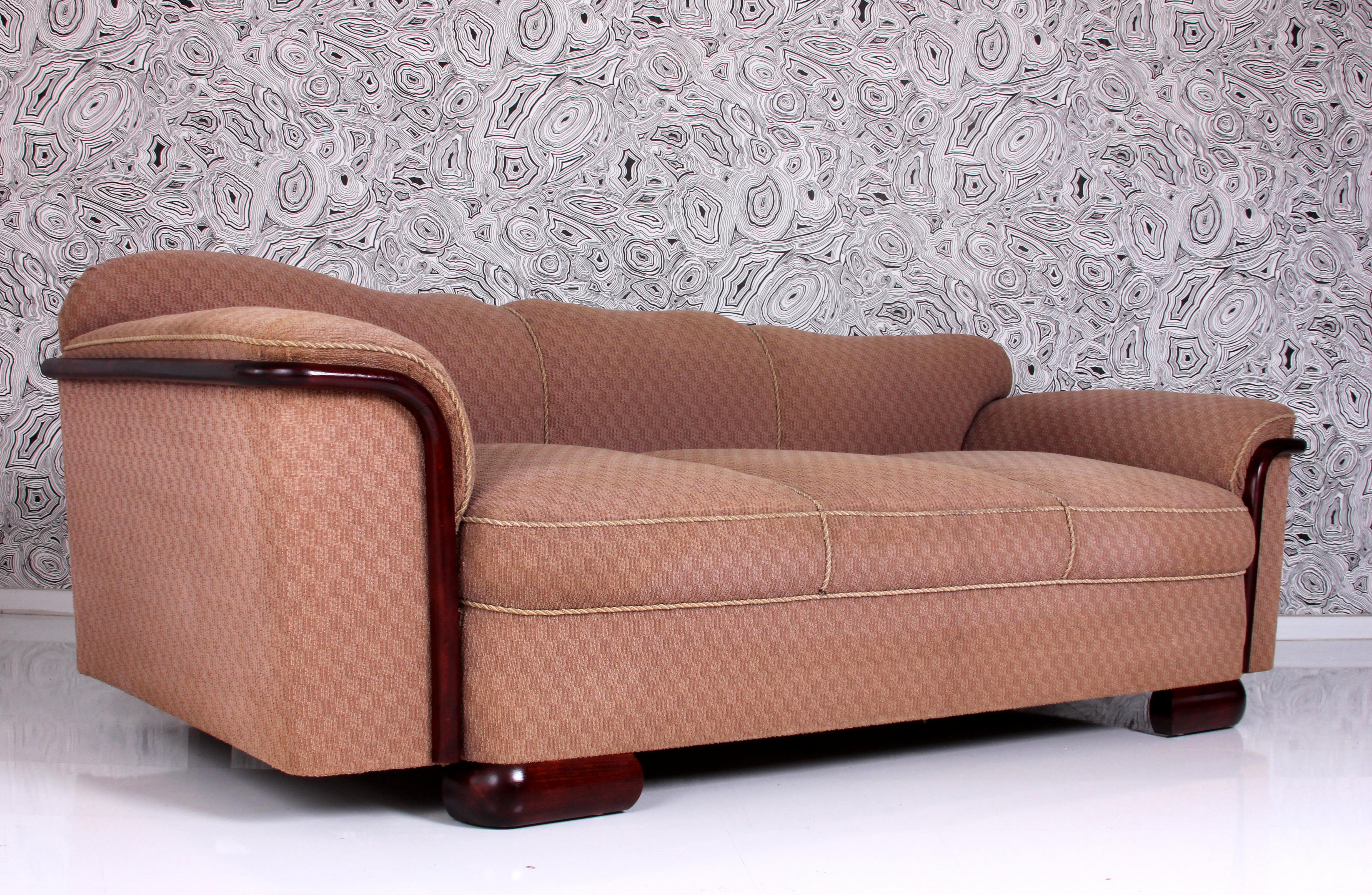 German STRAIGHT classic art deco SOFA Dresden around 1930 or. fabric - wood refinished  For Sale