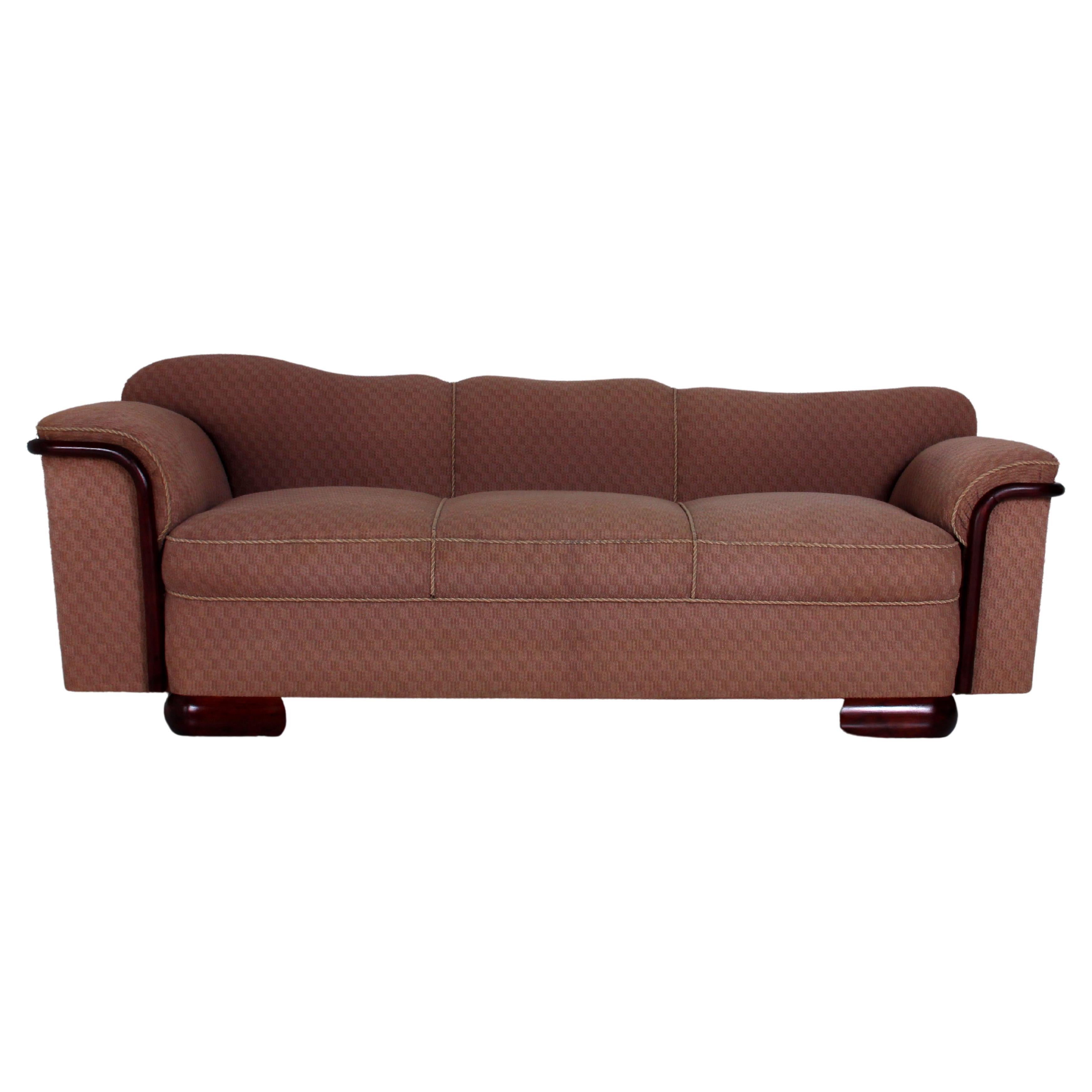 STRAIGHT classic art deco SOFA Dresden around 1930 or. fabric - wood refinished  For Sale