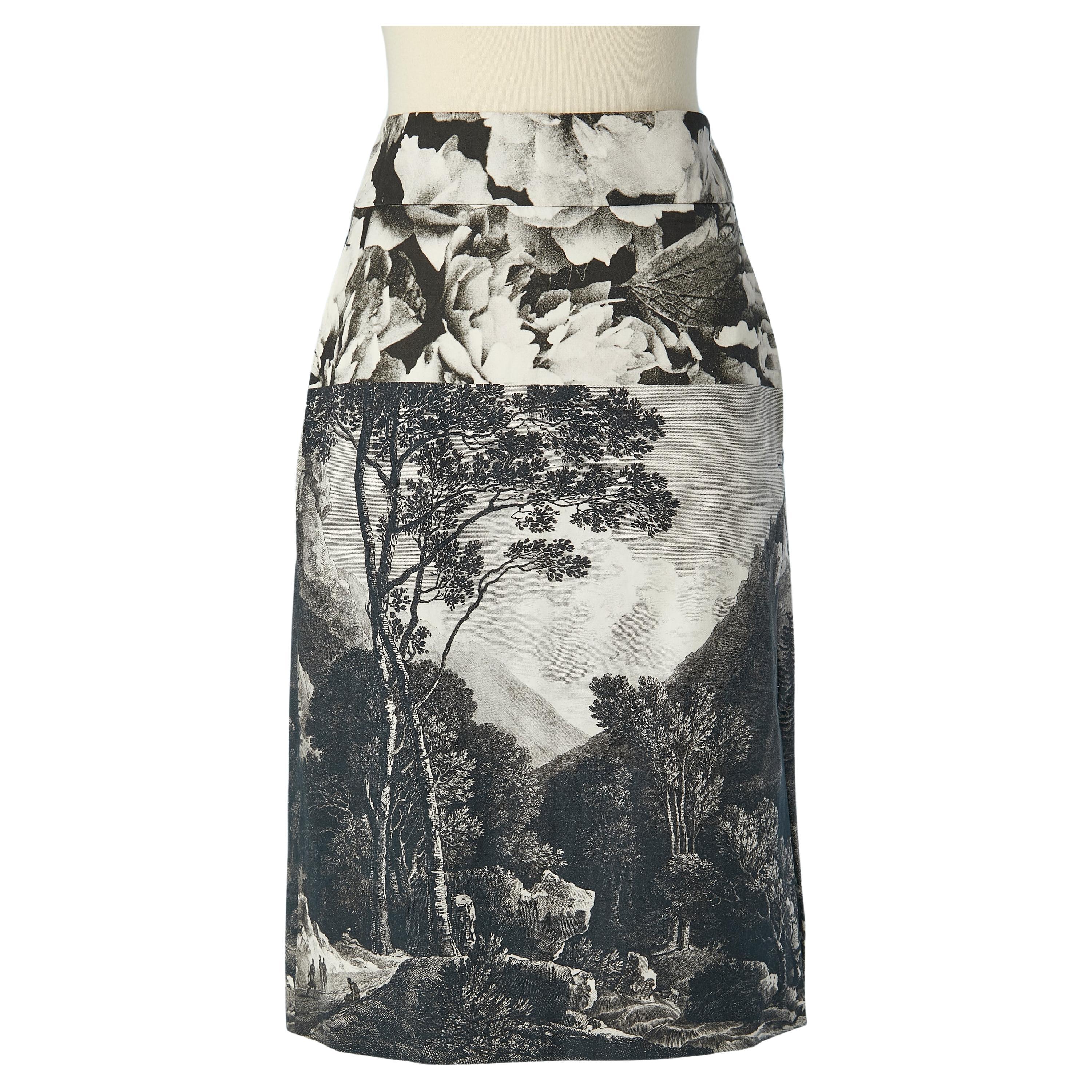 Straight cotton and silk skirt with Toile de Jouy pattern Dries Van Noten  For Sale
