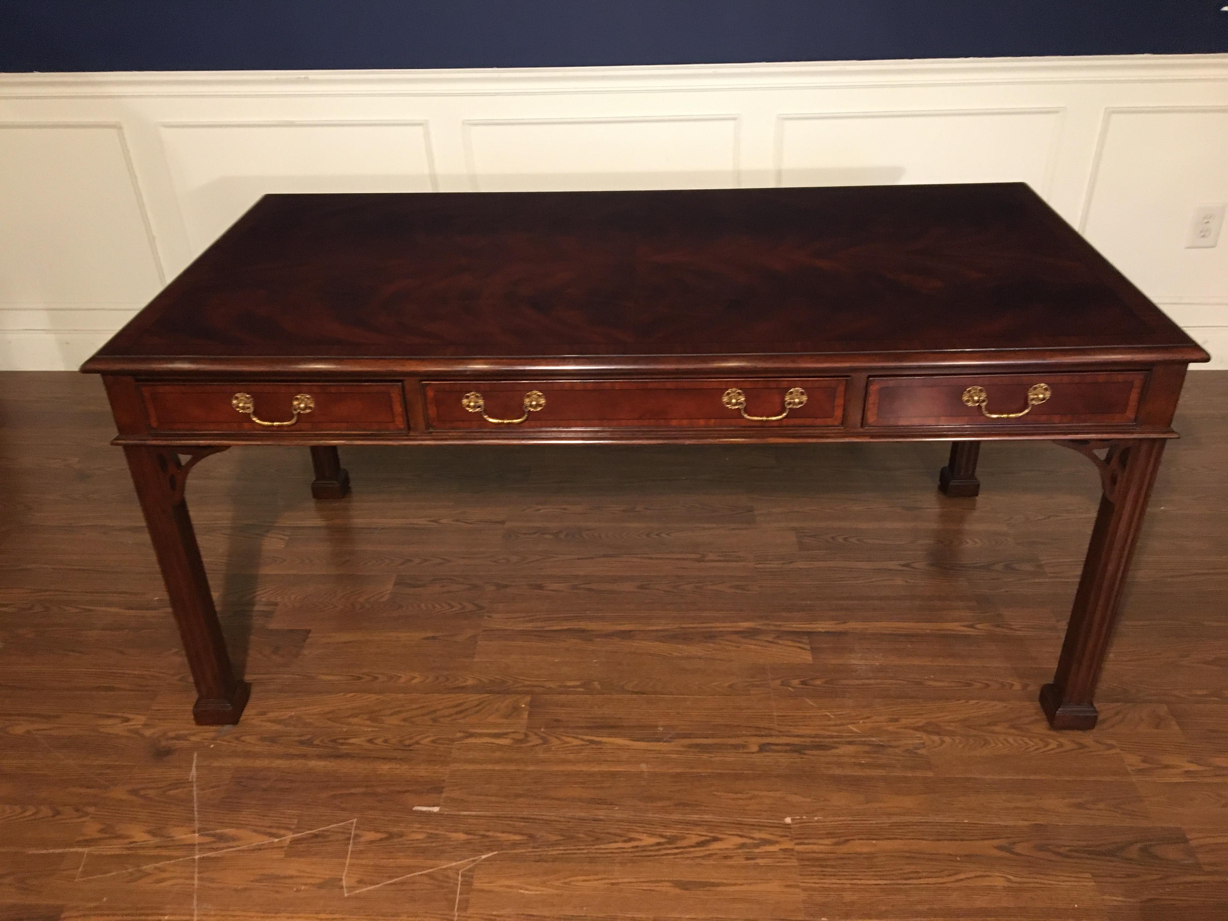 This is a new traditional mahogany Library Writing Desk. It’s design was inspired by Chippendale desks from the Regency period and features classic straight legs. It also features drawers and a top with swirly crotch mahogany fields and straight