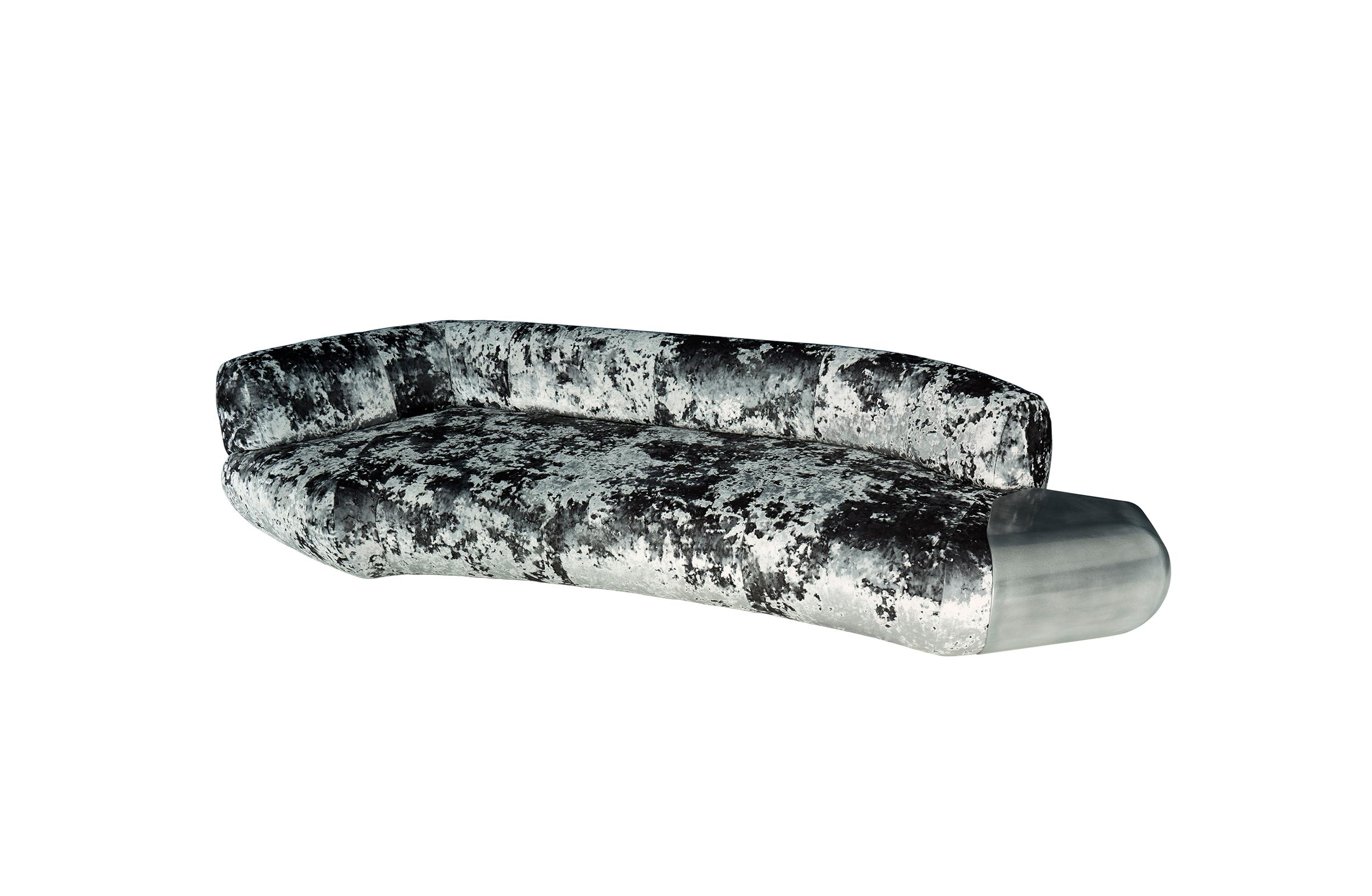 Straight Sofa - 21st century contemporary velvet and cast aluminum sofa

Neat and refined contours, textured velvet, and edgy cast aluminum detail with a nuance of hand-applied patina and brushed effect make this piece especially tempting and