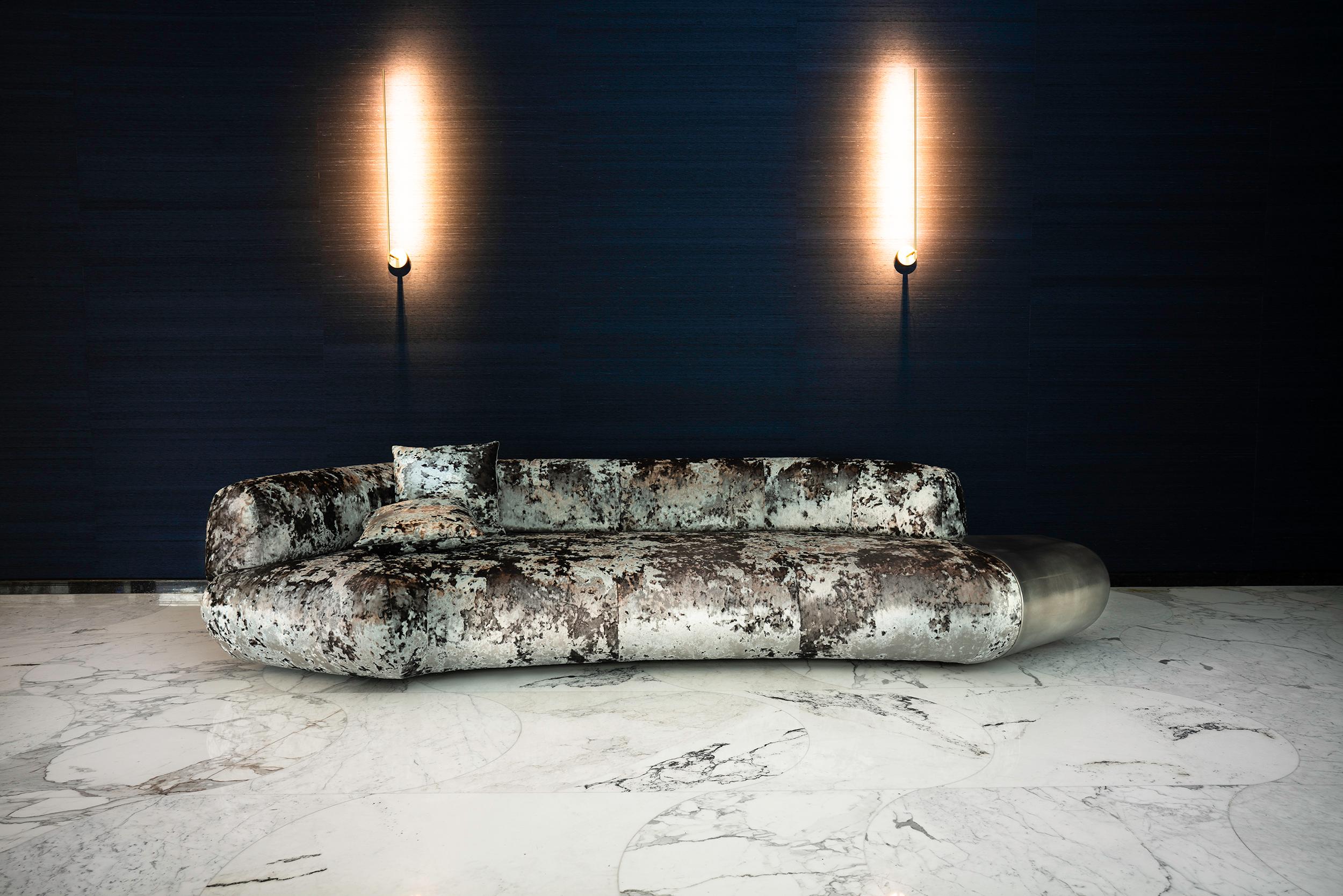 Modern Straight Sofa, 21st Century Contemporary Velvet and Cast Aluminum Sofa For Sale