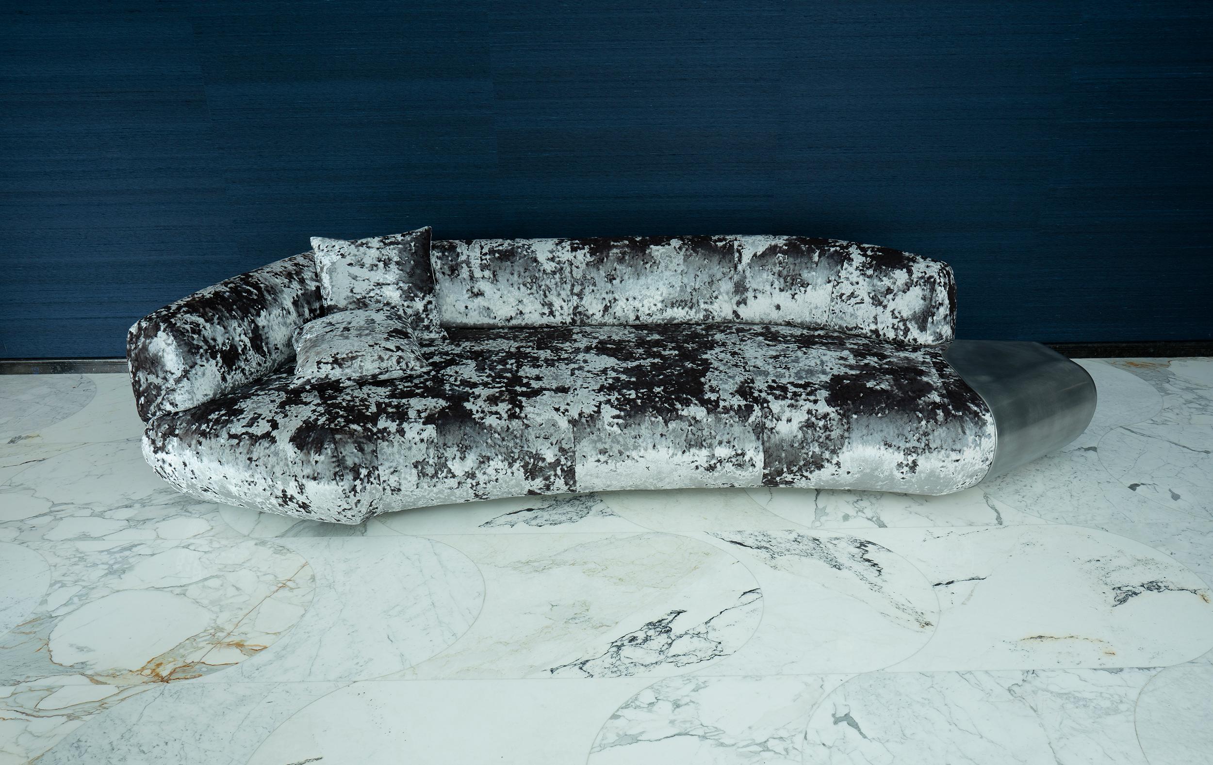 European Straight Sofa, 21st Century Contemporary Velvet and Cast Aluminum Sofa For Sale