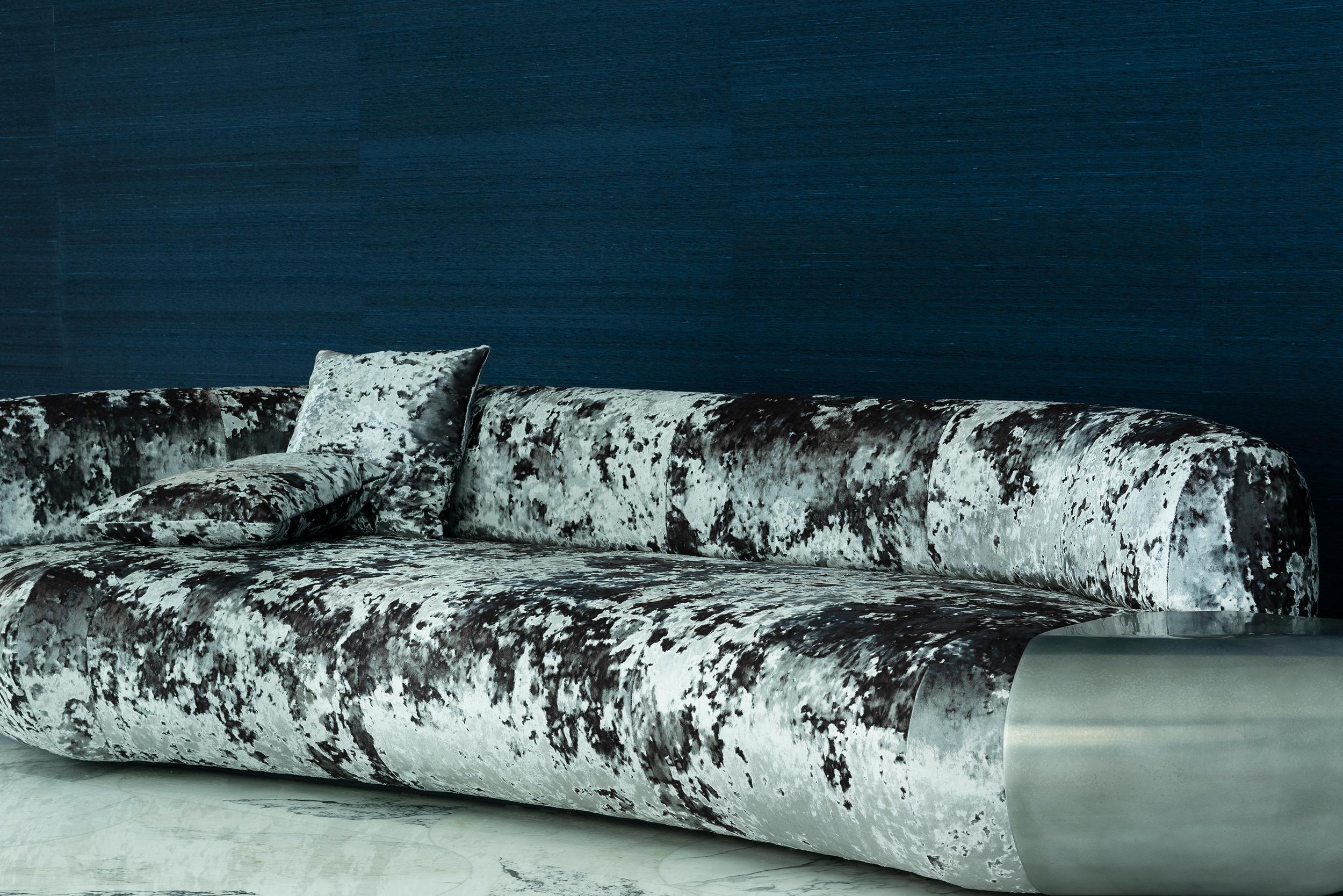 Polished Straight Sofa, 21st Century Contemporary Velvet and Cast Aluminum Sofa For Sale