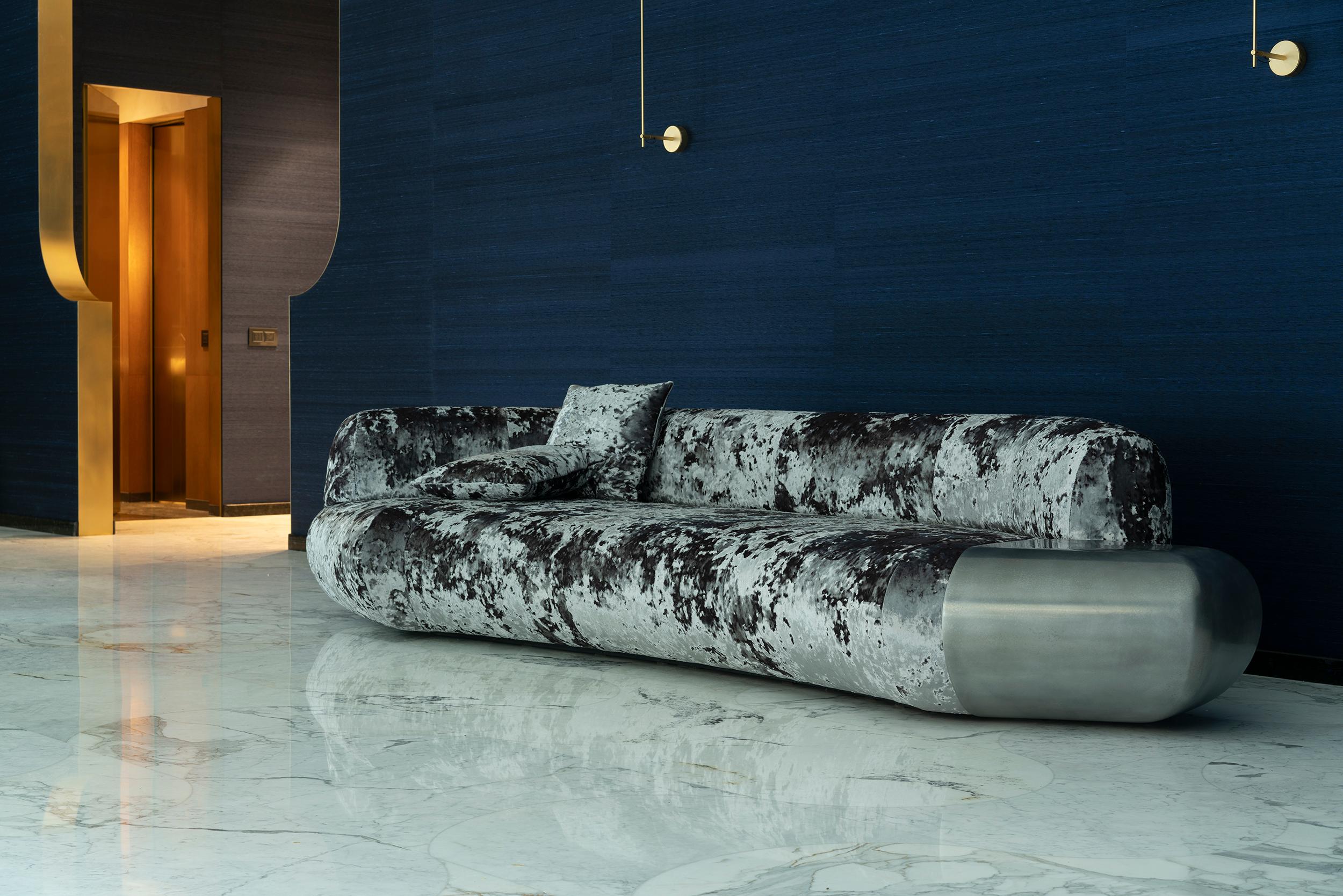 Straight Sofa, 21st Century Contemporary Velvet and Cast Aluminum Sofa For Sale 1