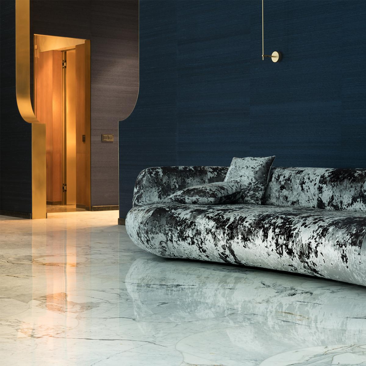 Mid-Century Modern STRAIGHT modern sofa in textured velvet with liquid metal or cast aluminum