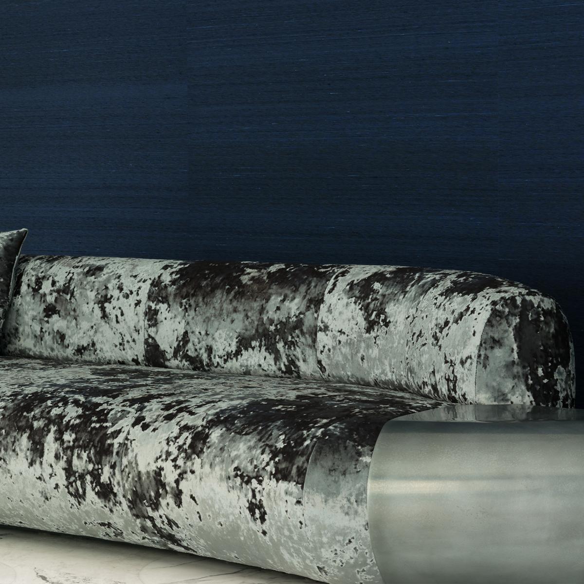 French STRAIGHT modern sofa in textured velvet with liquid metal or cast aluminum