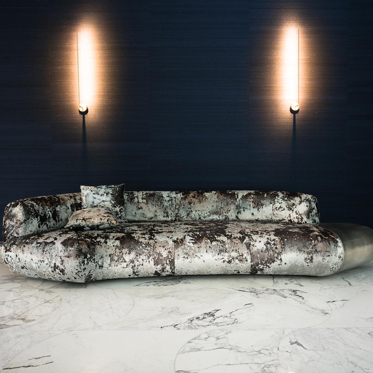 Polished STRAIGHT modern sofa in textured velvet with liquid metal or cast aluminum