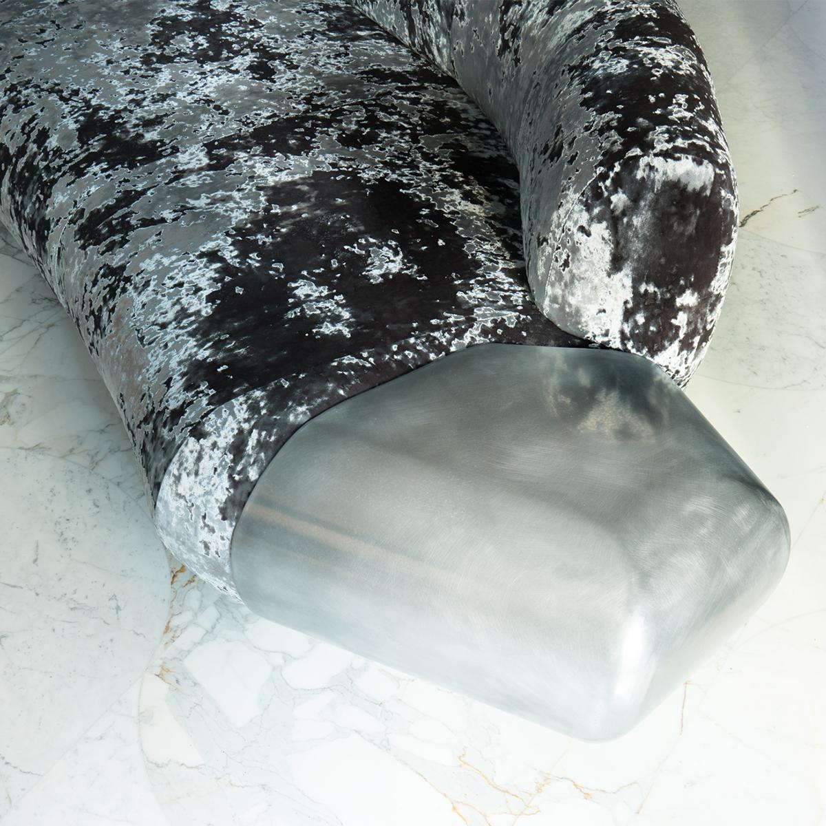 Contemporary STRAIGHT modern sofa in textured velvet with liquid metal or cast aluminum