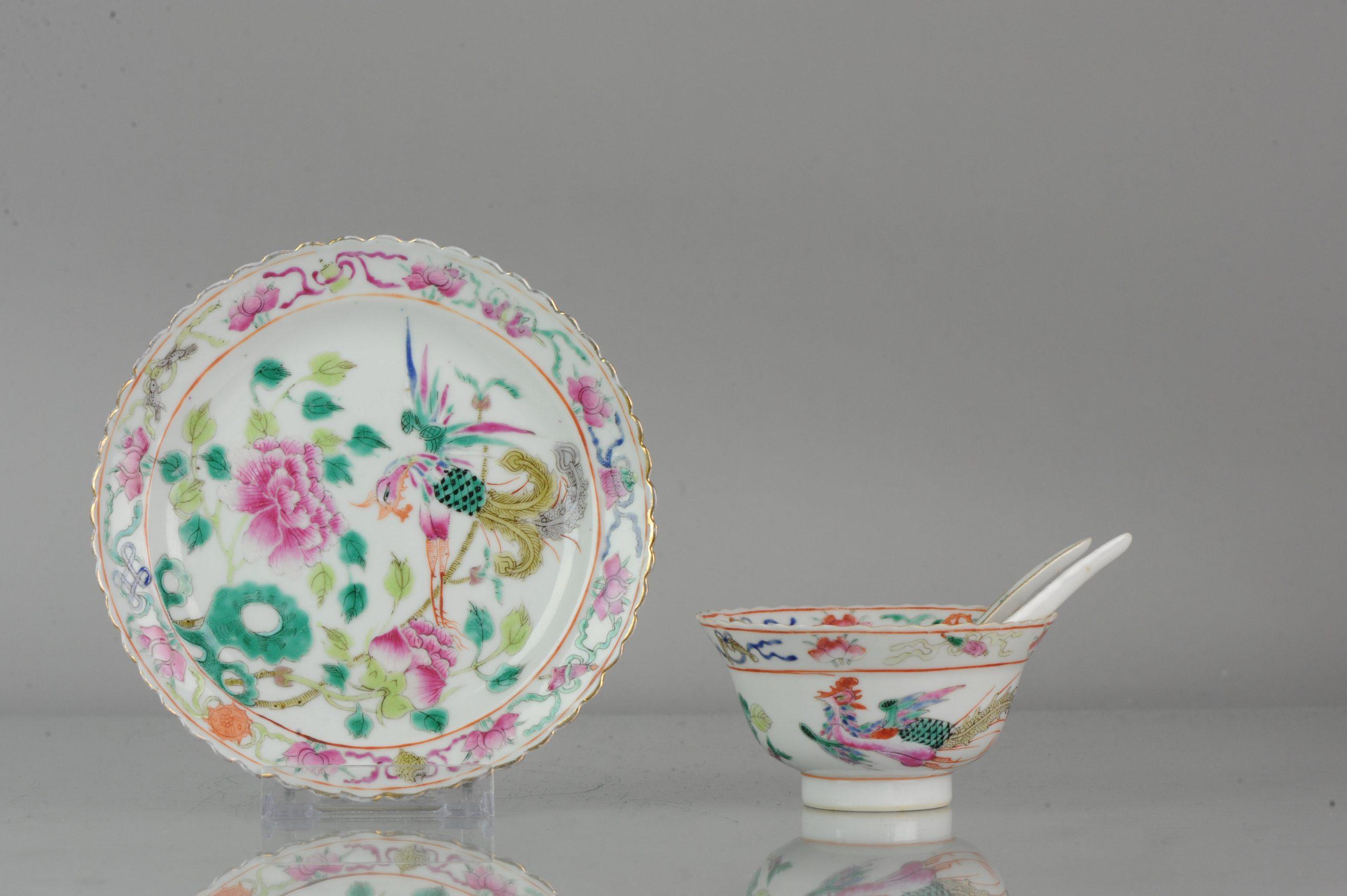 A very nicely decorated plate. Straits Porcelain

 

 

 
Condition
Rimfritting to saucer dish, small hairline. Cupe, rimfritting, chips and small hairline. Spoons perfect. Size 147mm & 95mm diameter
Period
19th century Qing (1661-1912).