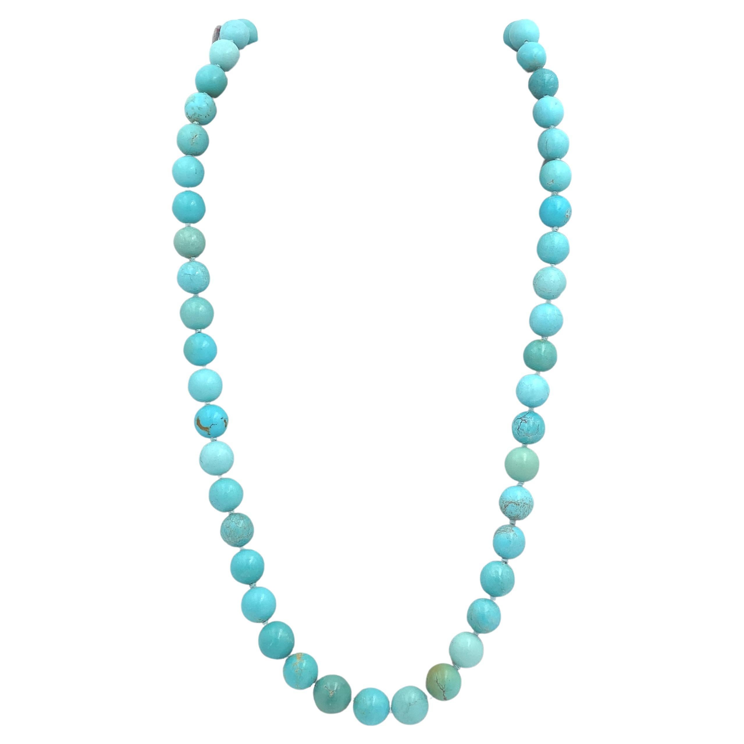 Strand of 12mm Kingman Turquoise Beads 27.5" Necklace with 14K clasp For Sale